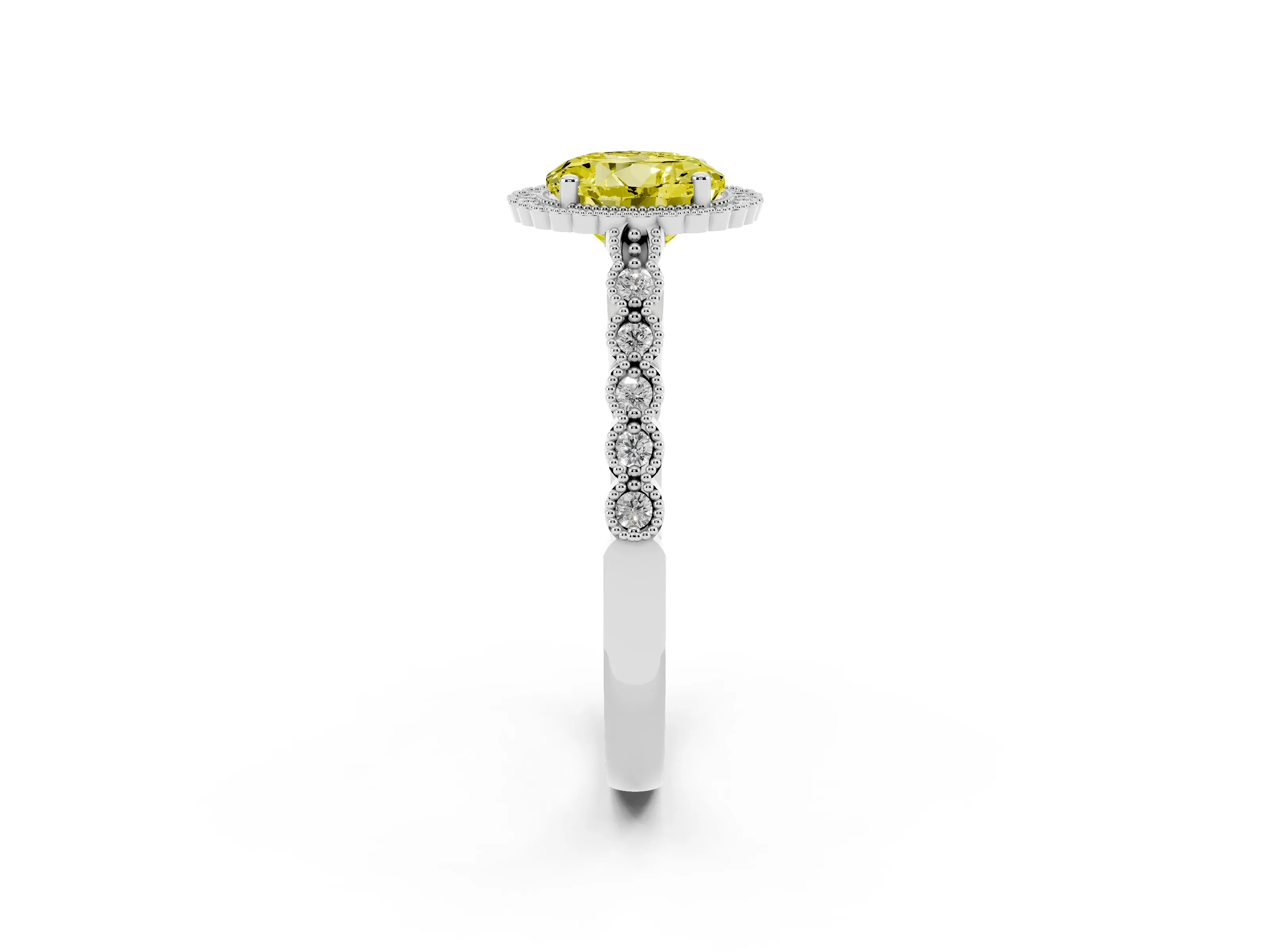 Fancy Yellow Round Cut Diamond Halo Ring Set in Platinum with Pavé Milgrain Band