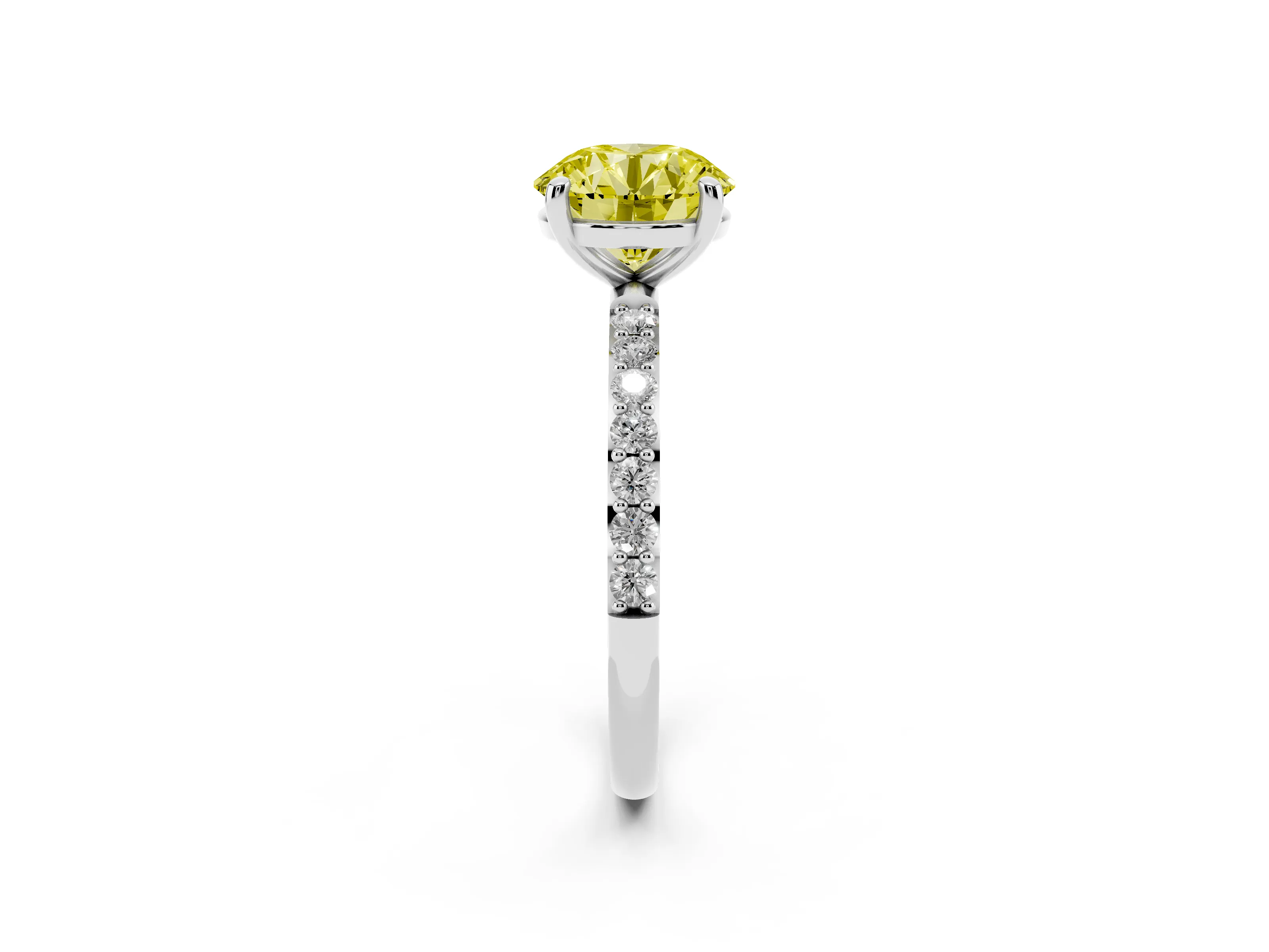 Fancy Yellow Round Cut Diamond Solitaire Ring Set in Platinum with Round Pavé Band and Prong Setting