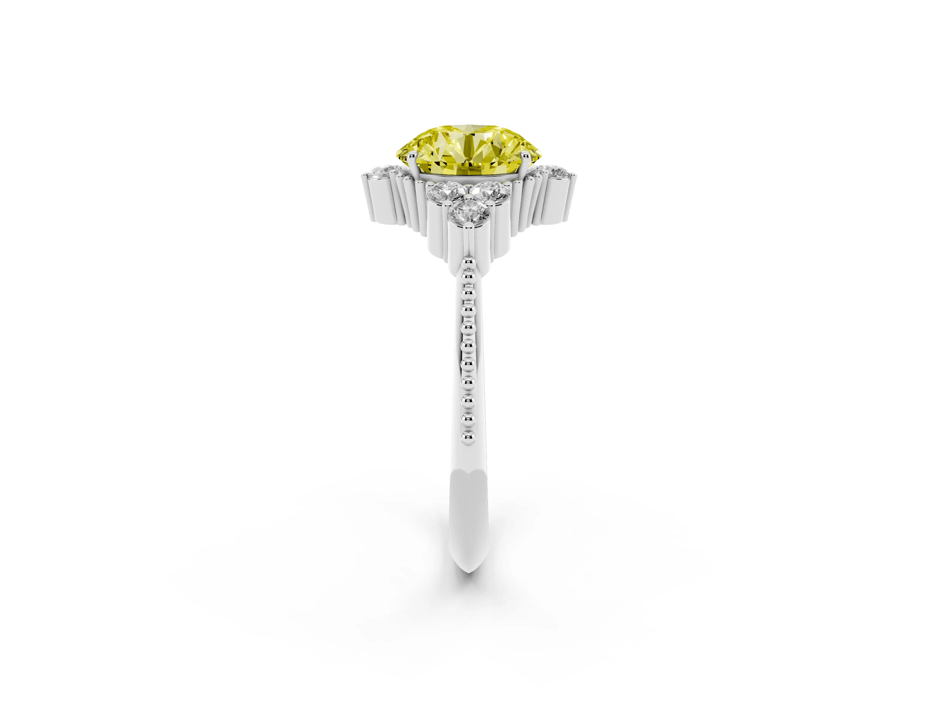 Fancy Yellow Round Cut Diamond Cluster Ring Set in Silver with Beaded Band