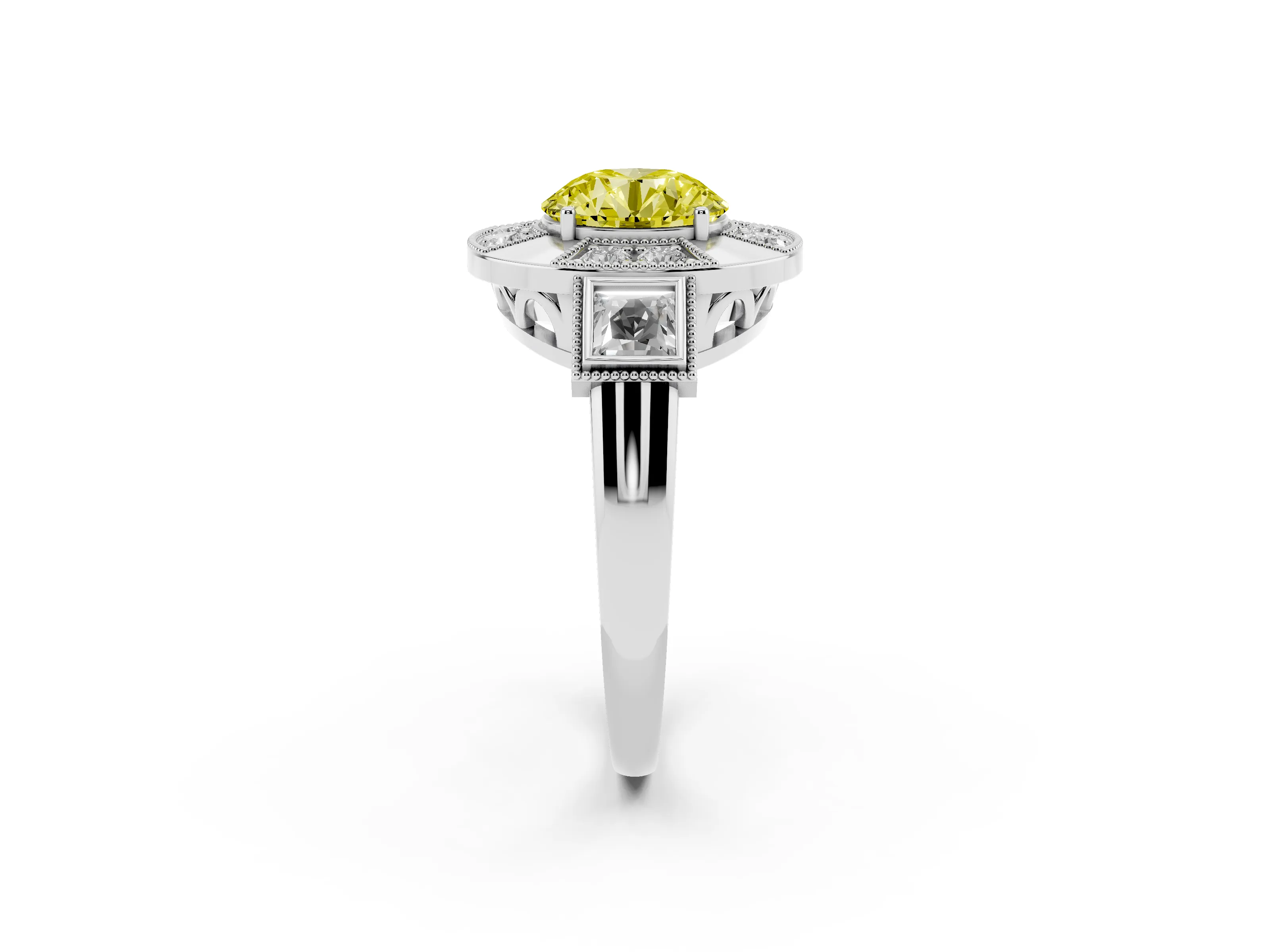 Fancy Yellow Round Cut Diamond Milgrain Halo Ring Set in Platinum with Split Shank