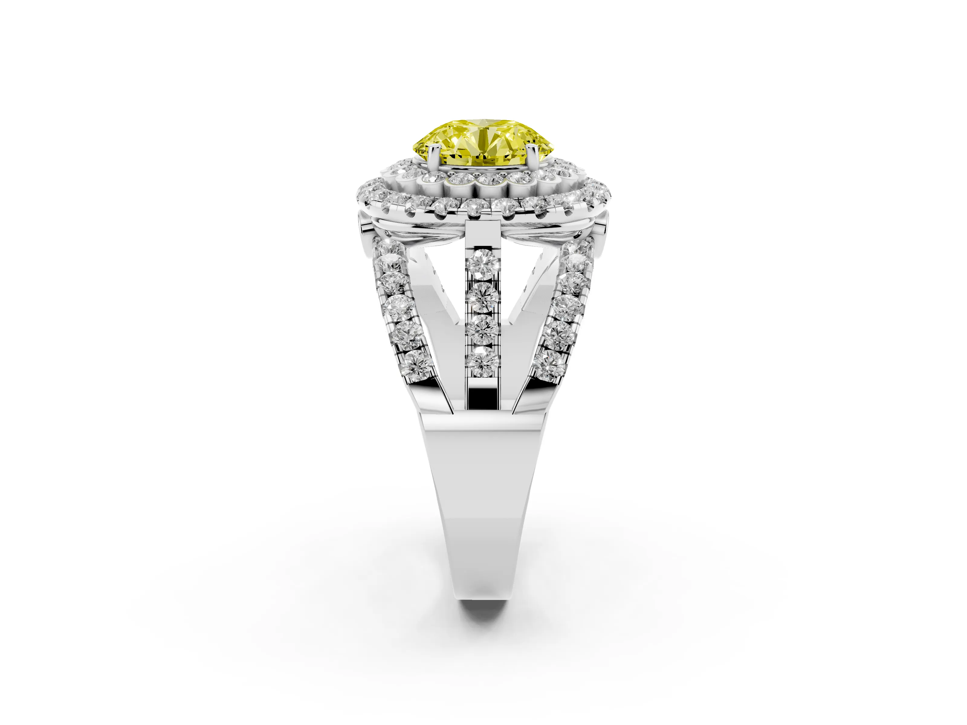 Fancy Yellow Round Cut Diamond Double Halo Ring Set in Silver with Round Pavé Split Shank