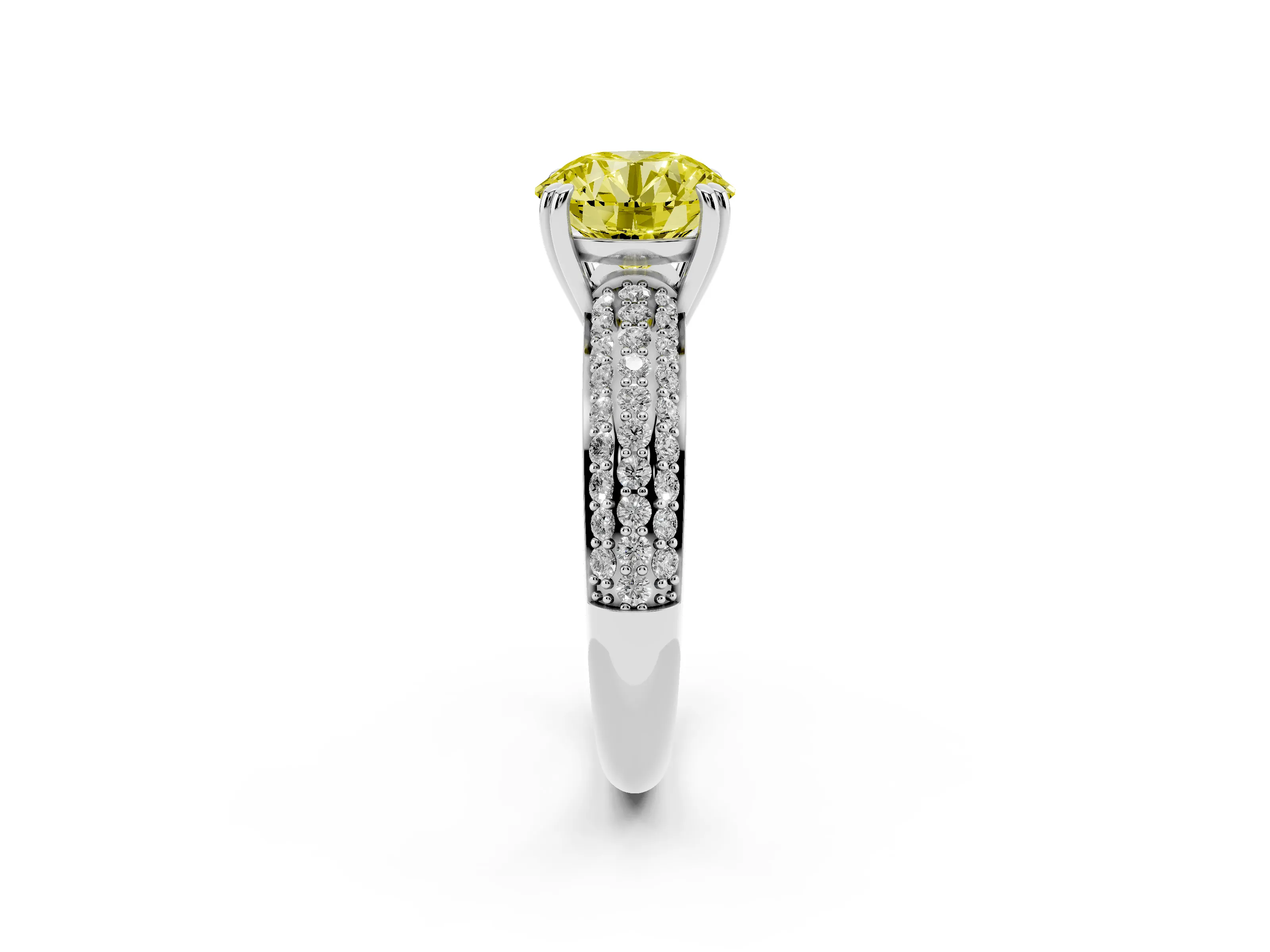 Fancy Yellow Round Cut Diamond Solitaire Ring Set in Platinum with Multi-Row Round Pavé Band and Prong Setting