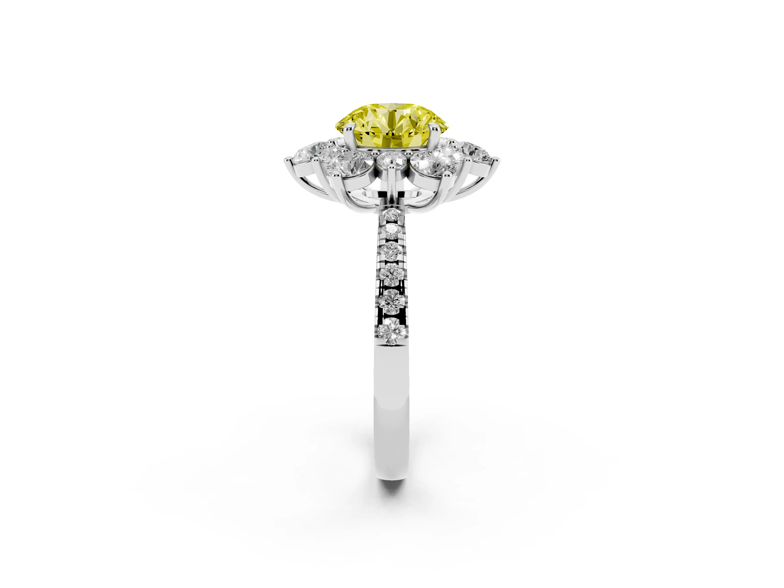 Fancy Yellow Round Cut Diamond Floral Halo Ring Set in Platinum with Round Pavé Band and Prong Setting