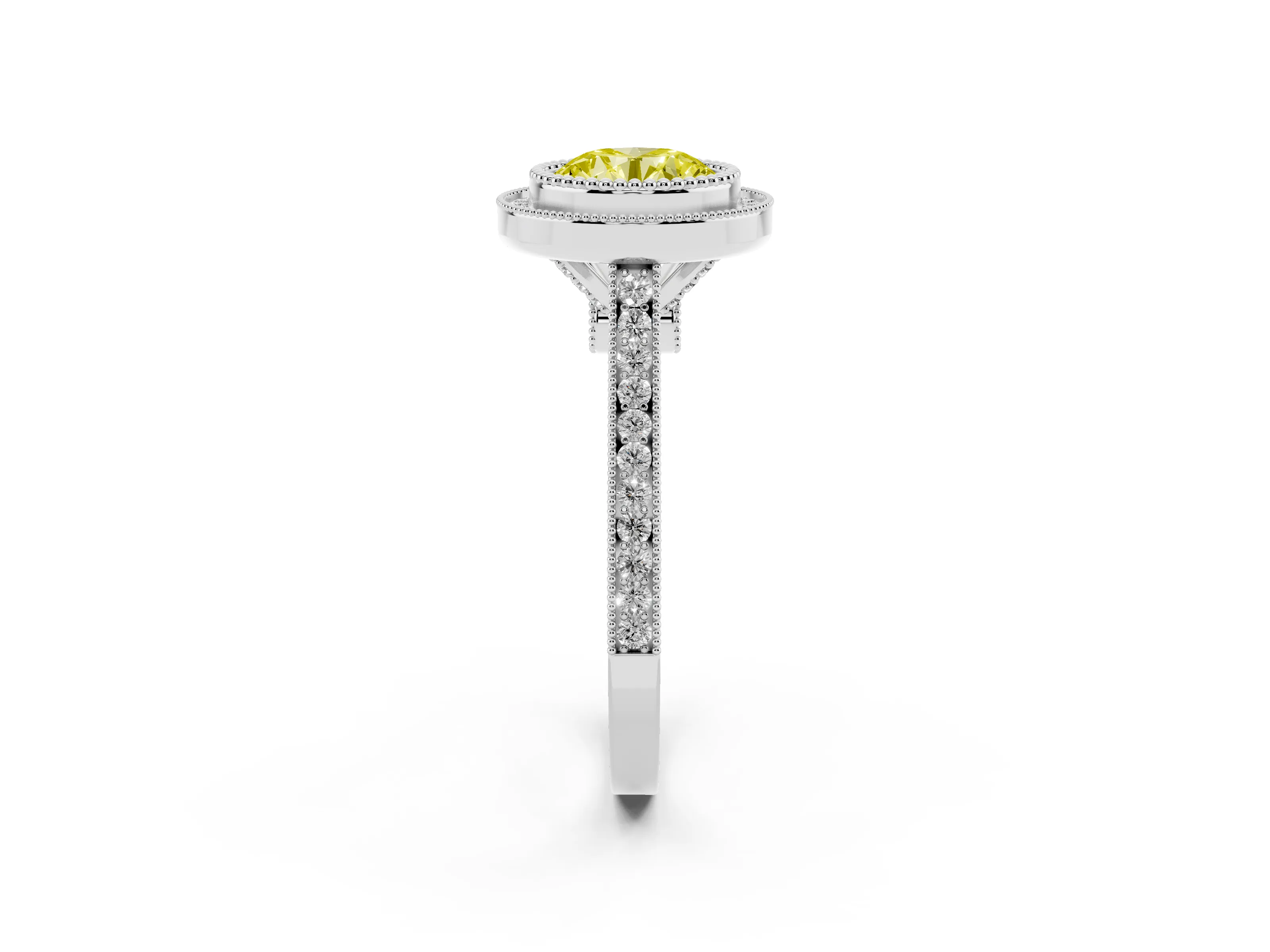 Fancy Yellow Round Cut Diamond Halo Ring Set in Silver with Milgrain Frame and Pavé Band