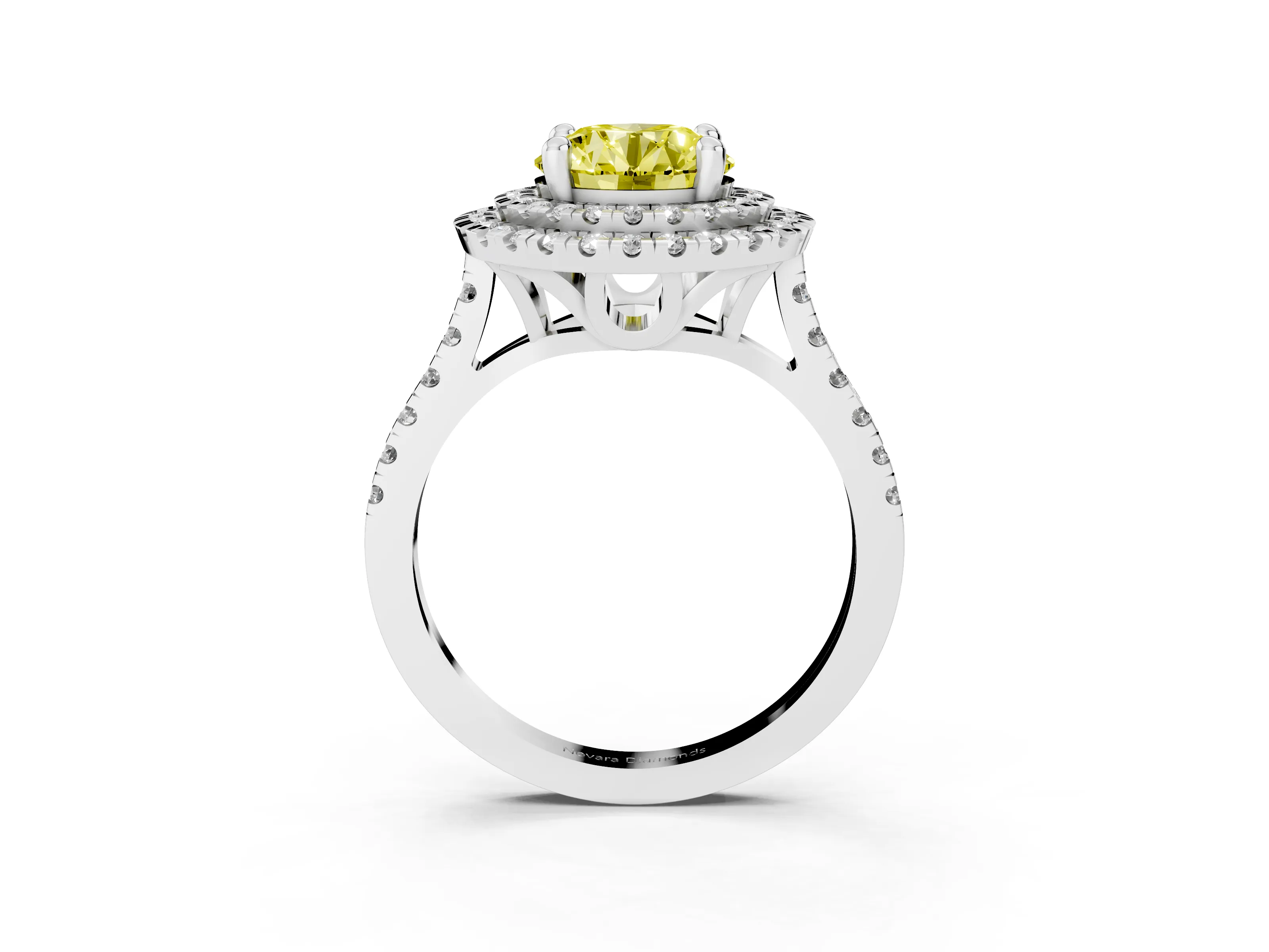 Fancy Yellow Round Cut Diamond Double Halo Statement Ring Set in Silver with Pavé Band