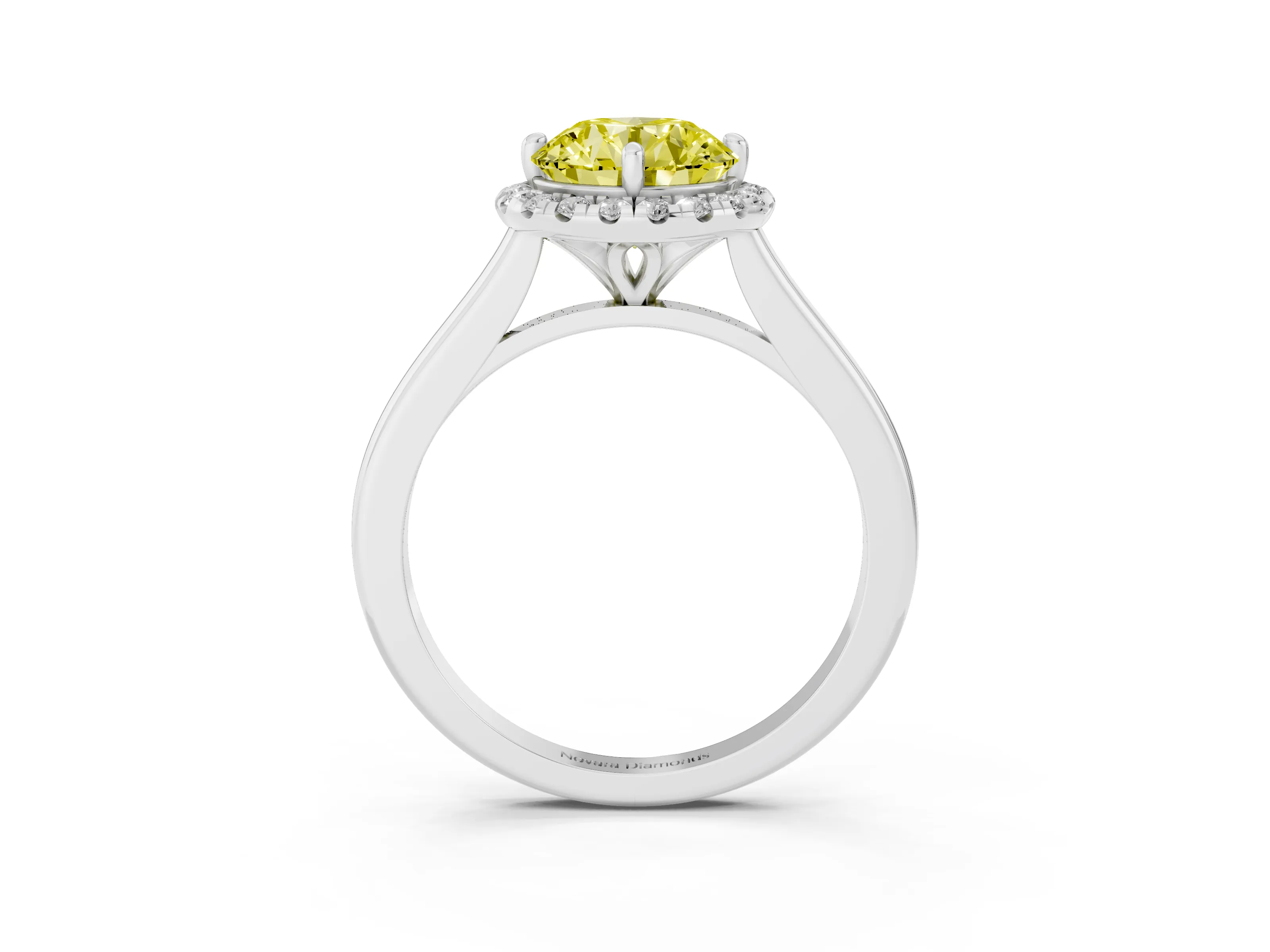 Fancy Yellow Round Cut Diamond Halo Engagement Ring Set in Platinum with Pavé Band and Rising Shoulders