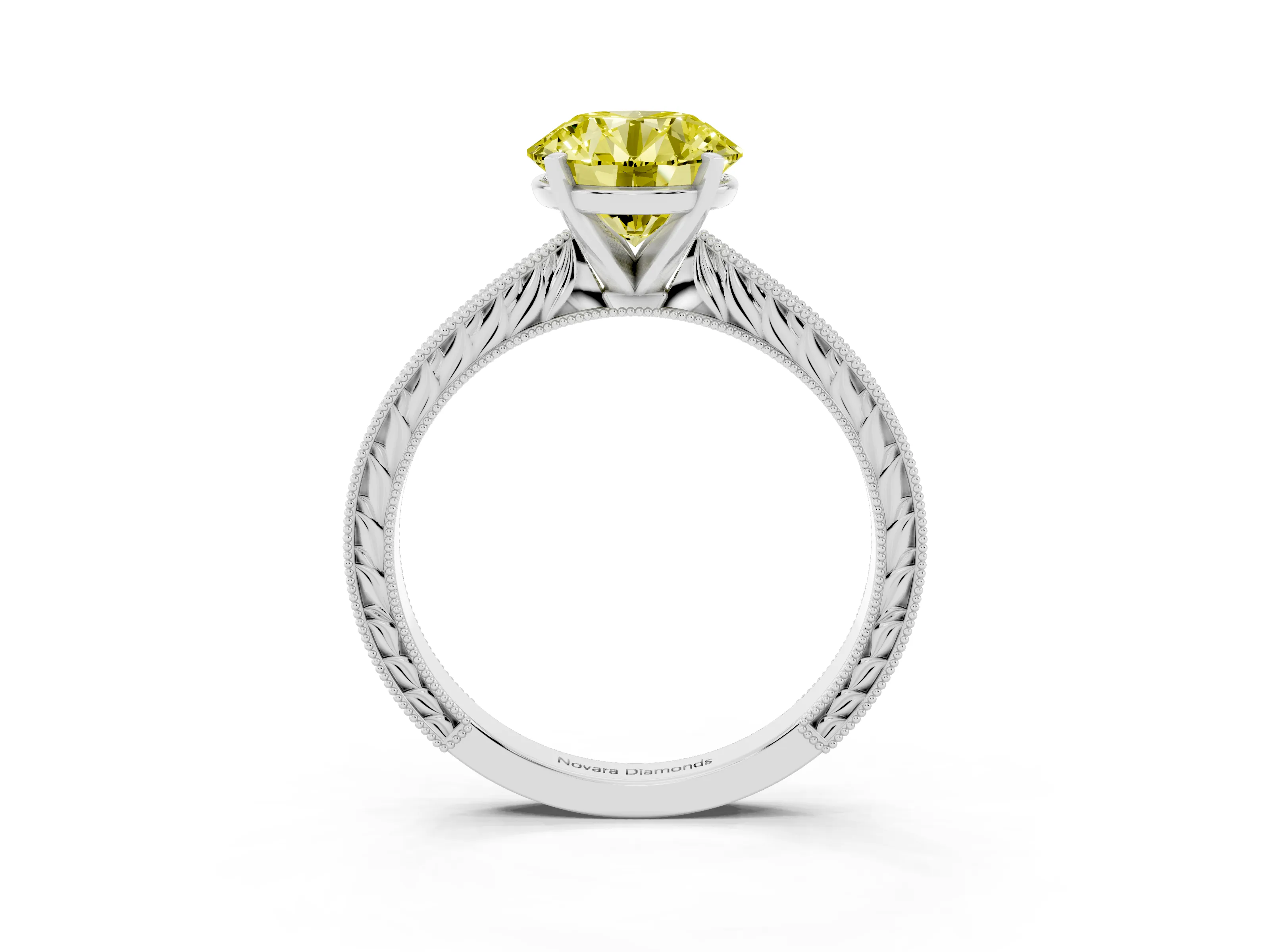 Fancy Yellow Round Cut Diamond Solitaire Milgrain Engraved Band Set in Platinum with Prong Setting