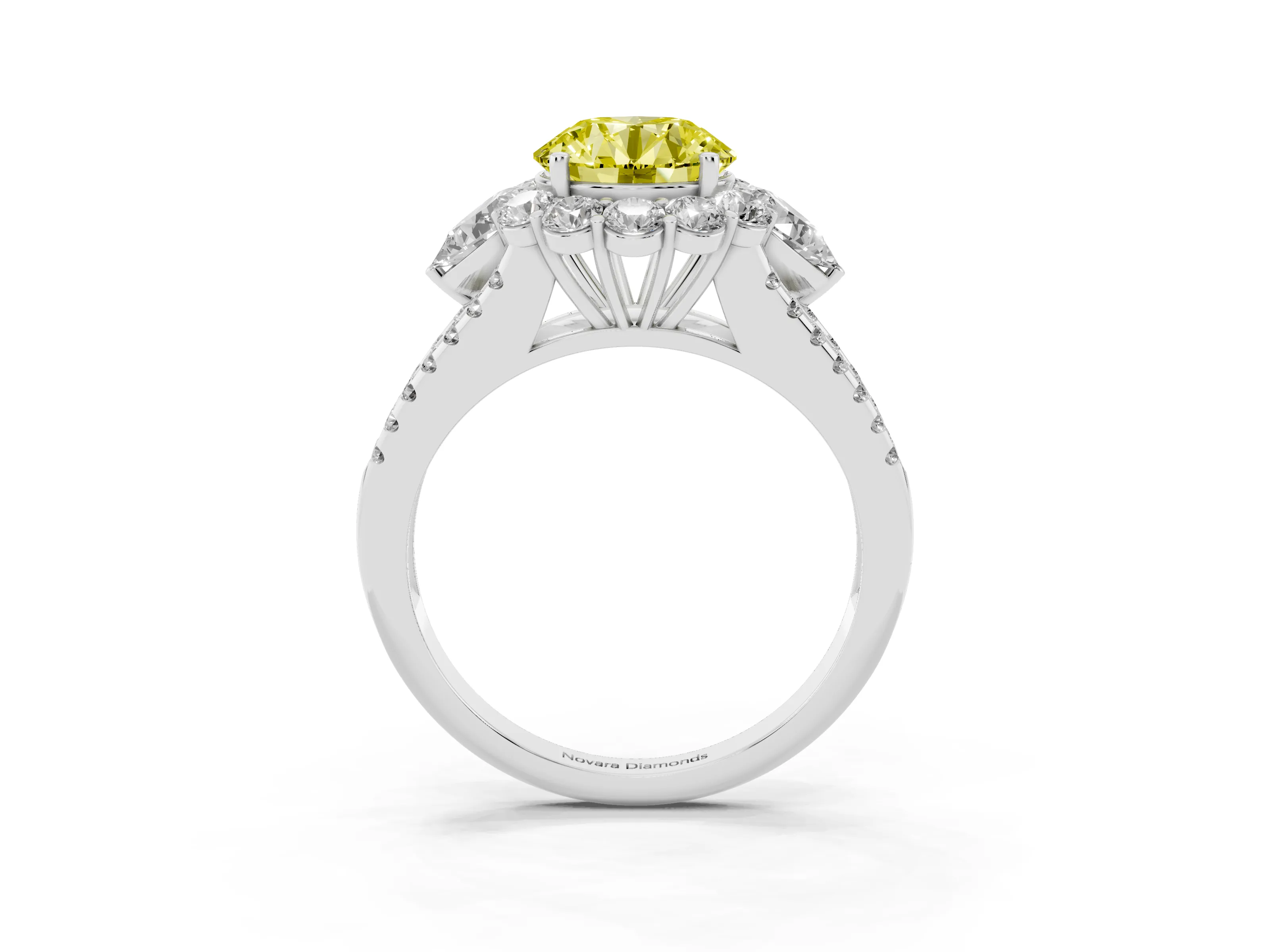 Fancy Yellow Round Cut Diamond Halo Split Shank Engagement Ring Set in White gold with Prong-Held Center Stone
