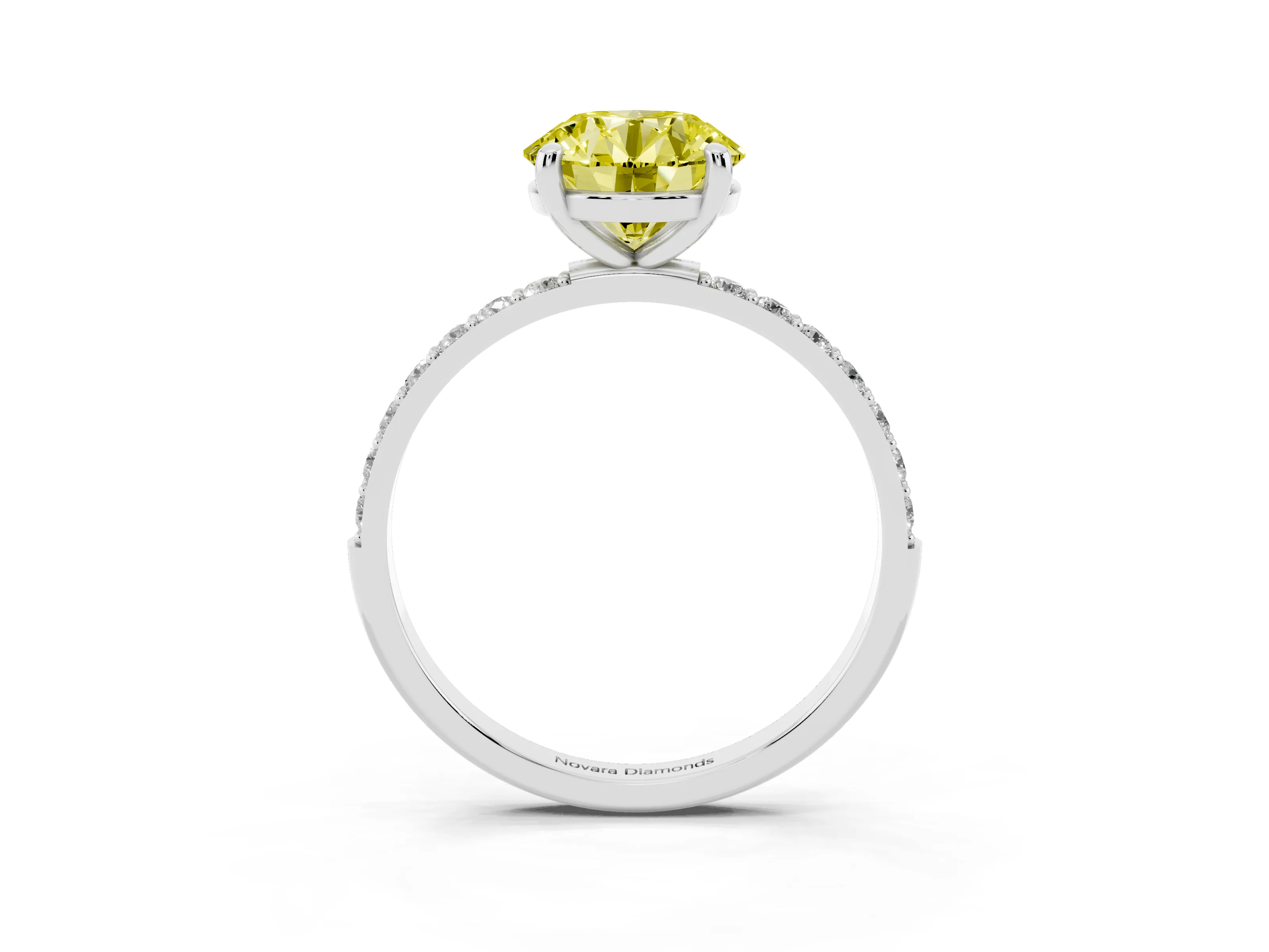 Fancy Yellow Round Cut Diamond Solitaire Ring Set in Platinum with Round Pavé Band and Prong Setting