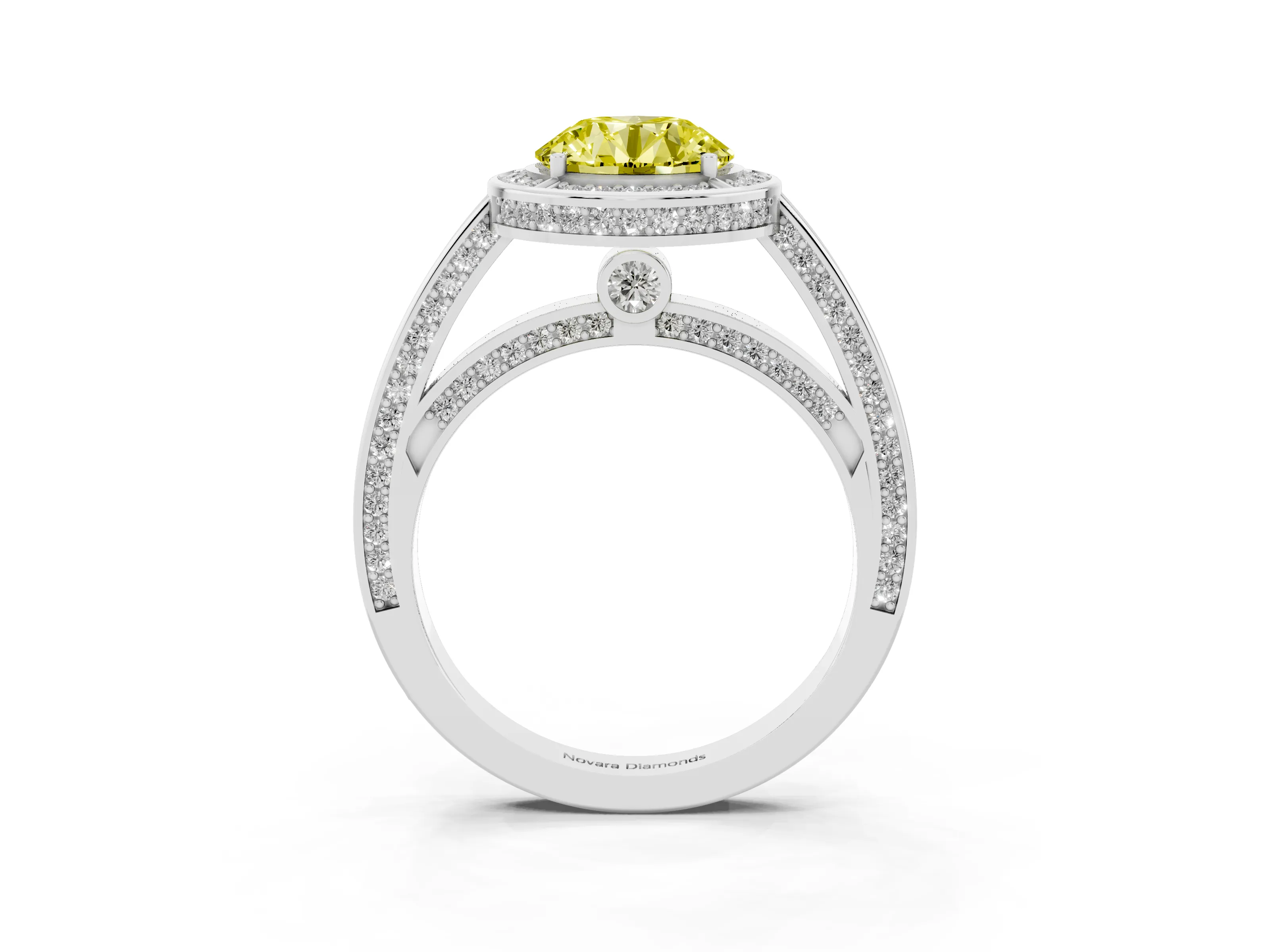 Fancy Yellow Round Cut Diamond Halo Pavé Split Shank Ring Set in White gold with Prong Setting