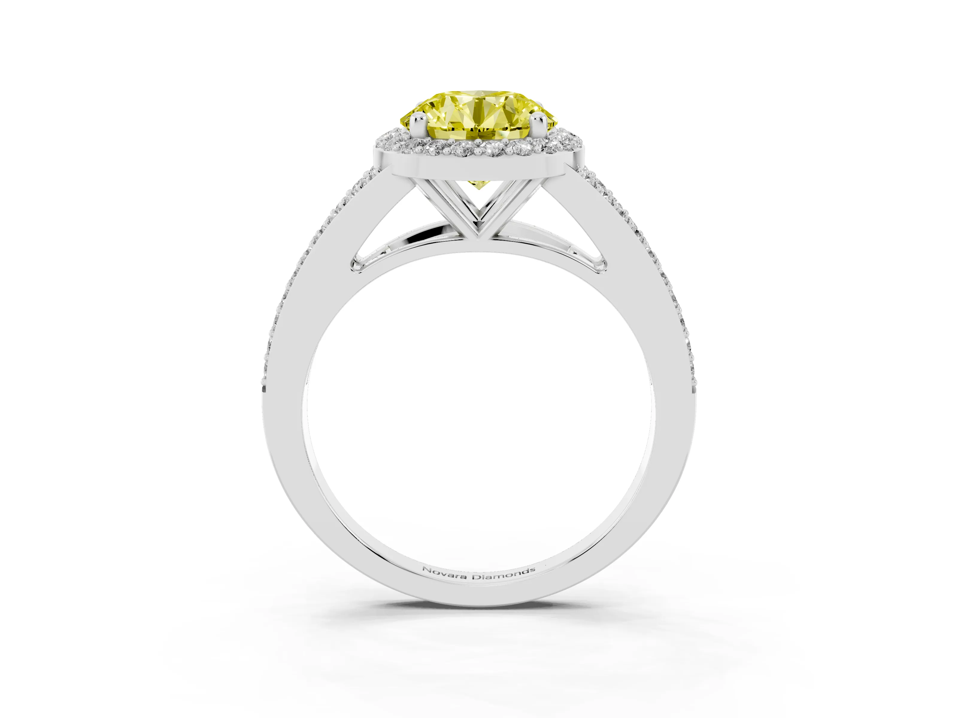 Fancy Yellow Round Cut Diamond Halo Split Shank Pavé Ring Set in White gold with Prong Setting