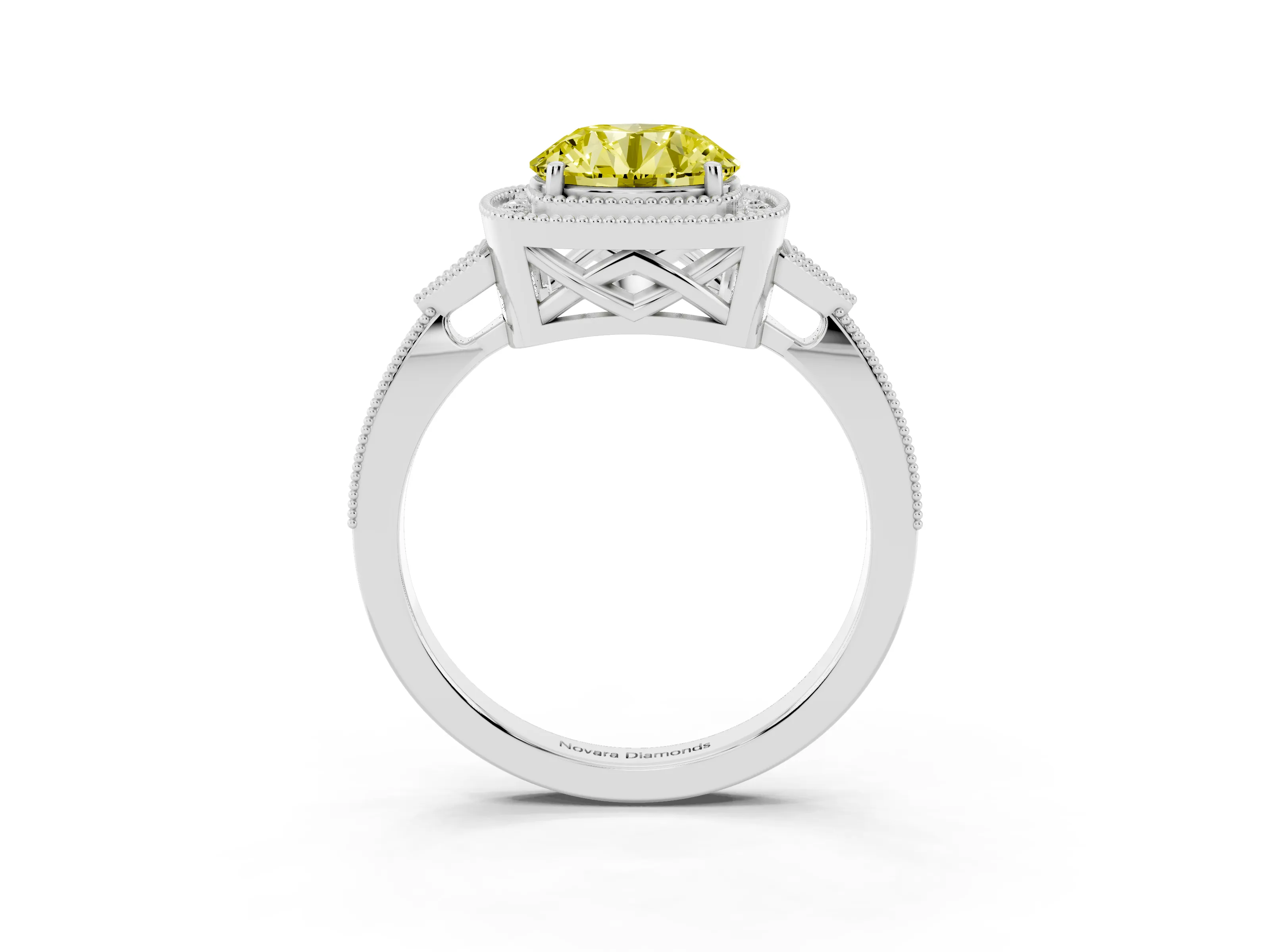 Fancy Yellow Round Cut Diamond Halo Engagement Ring Set in Platinum with Milgrain Pavé Band