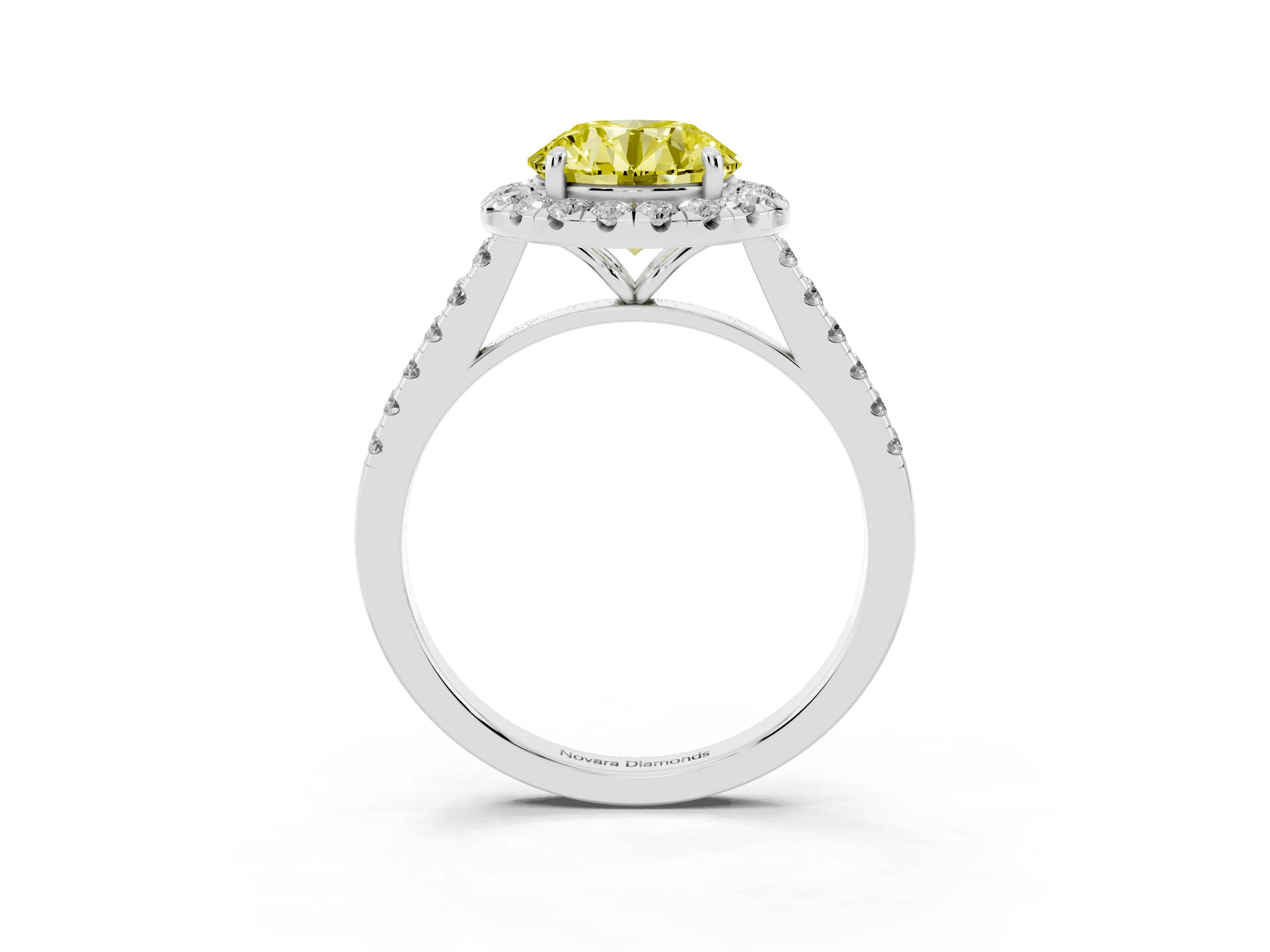 Fancy Yellow Round Cut Diamond Halo Pavé Engagement Ring Set in White gold with Prong Setting
