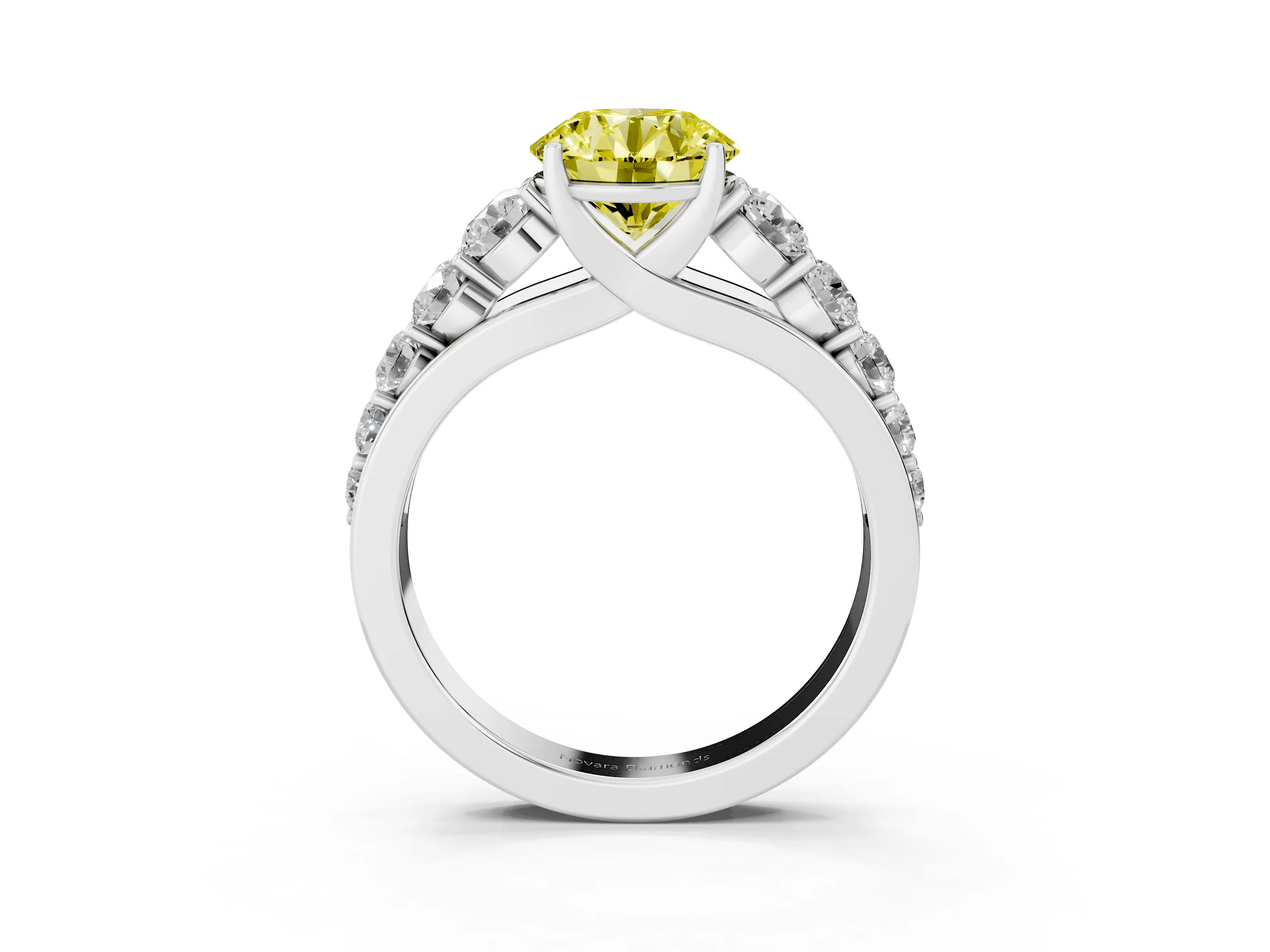 Fancy Yellow Round Cut Diamond Solitaire Ring Set in Platinum with Pavé-Set Band and Prong Setting