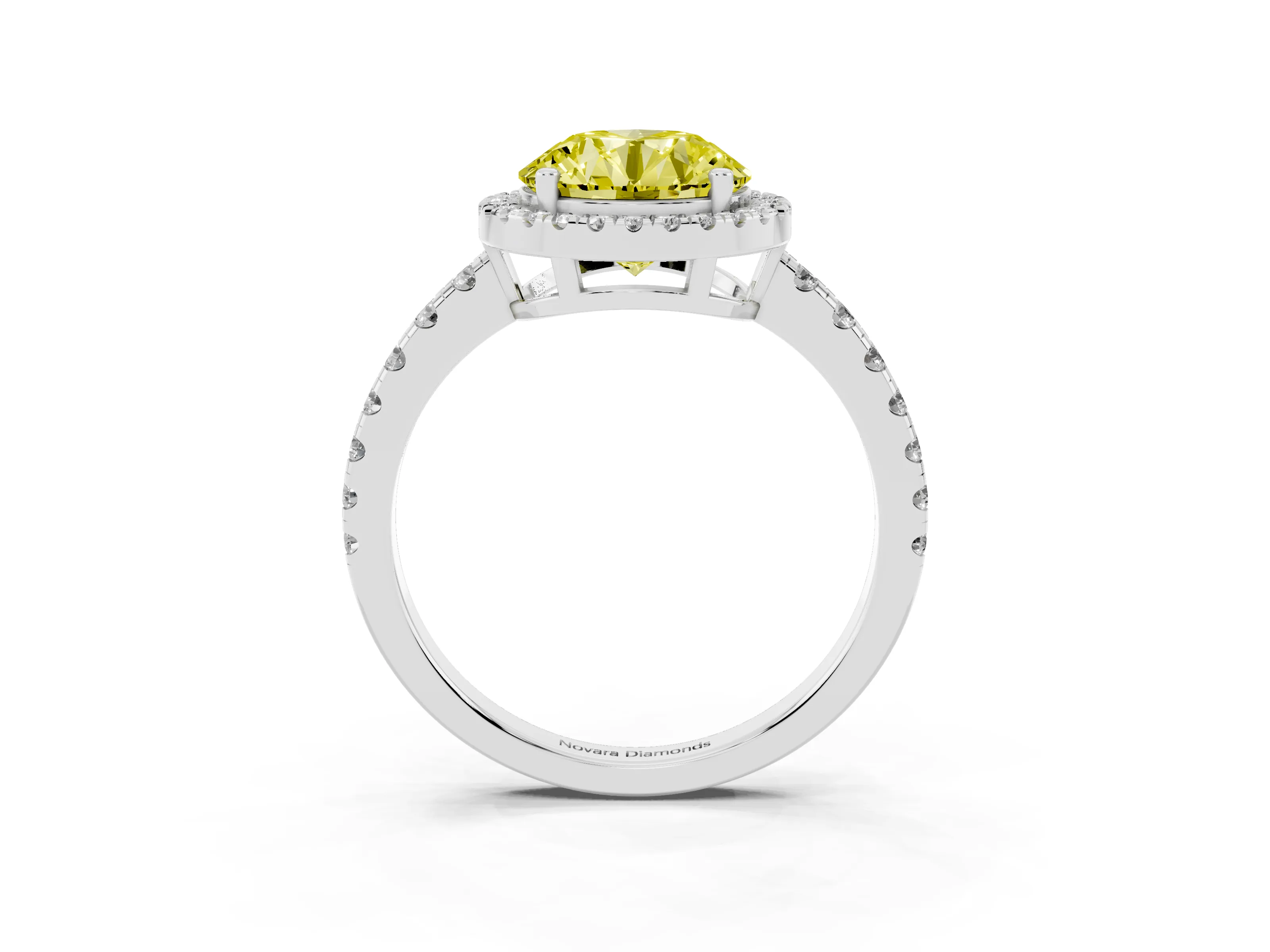Fancy Yellow Round Cut Diamond Halo Ring Set in Silver with Delicate Pavé Band and Prong Setting