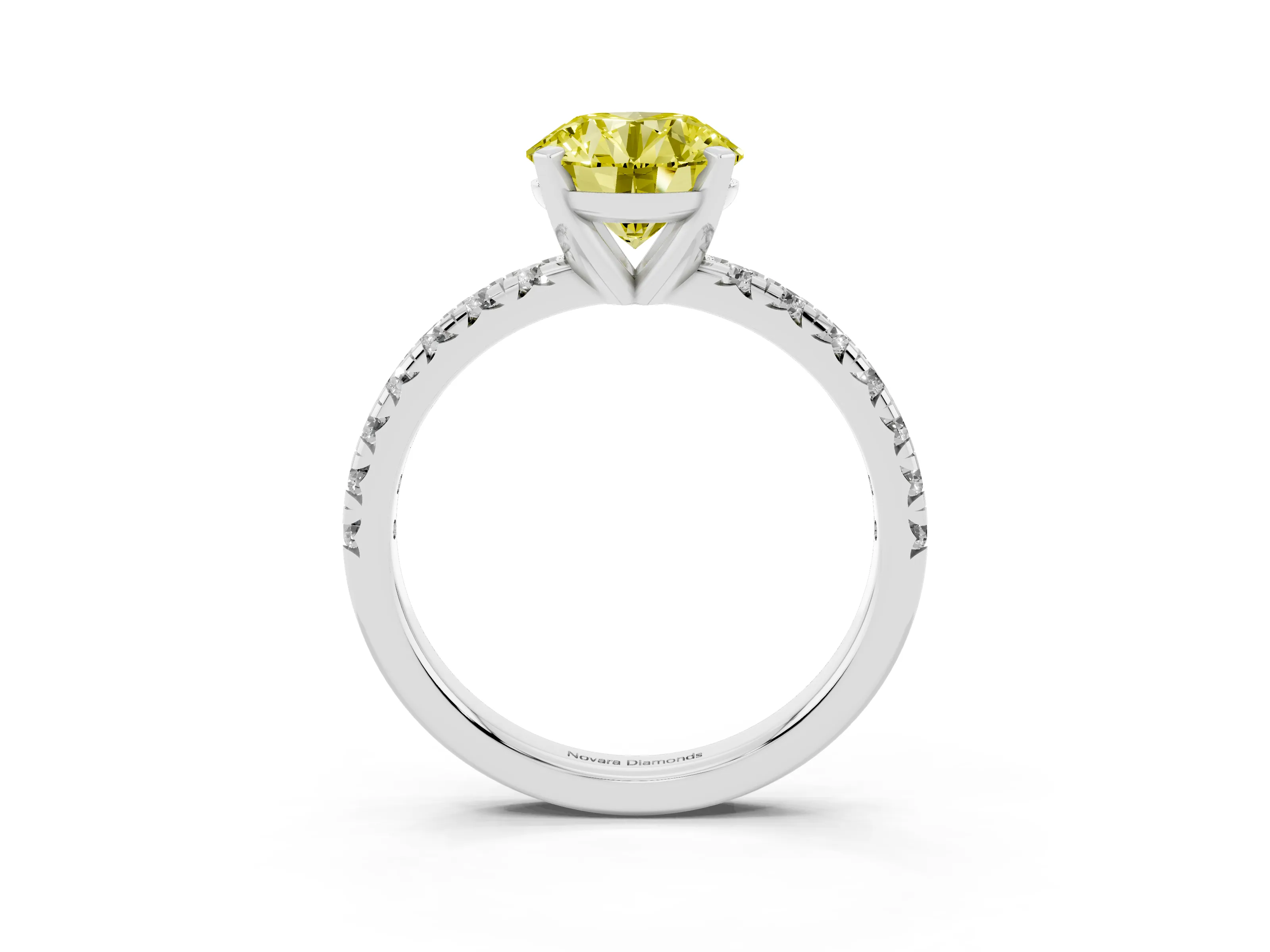 Fancy Yellow Round Cut Diamond Solitaire Pavé Engagement Ring Set in White gold with Round Band and Prong Setting
