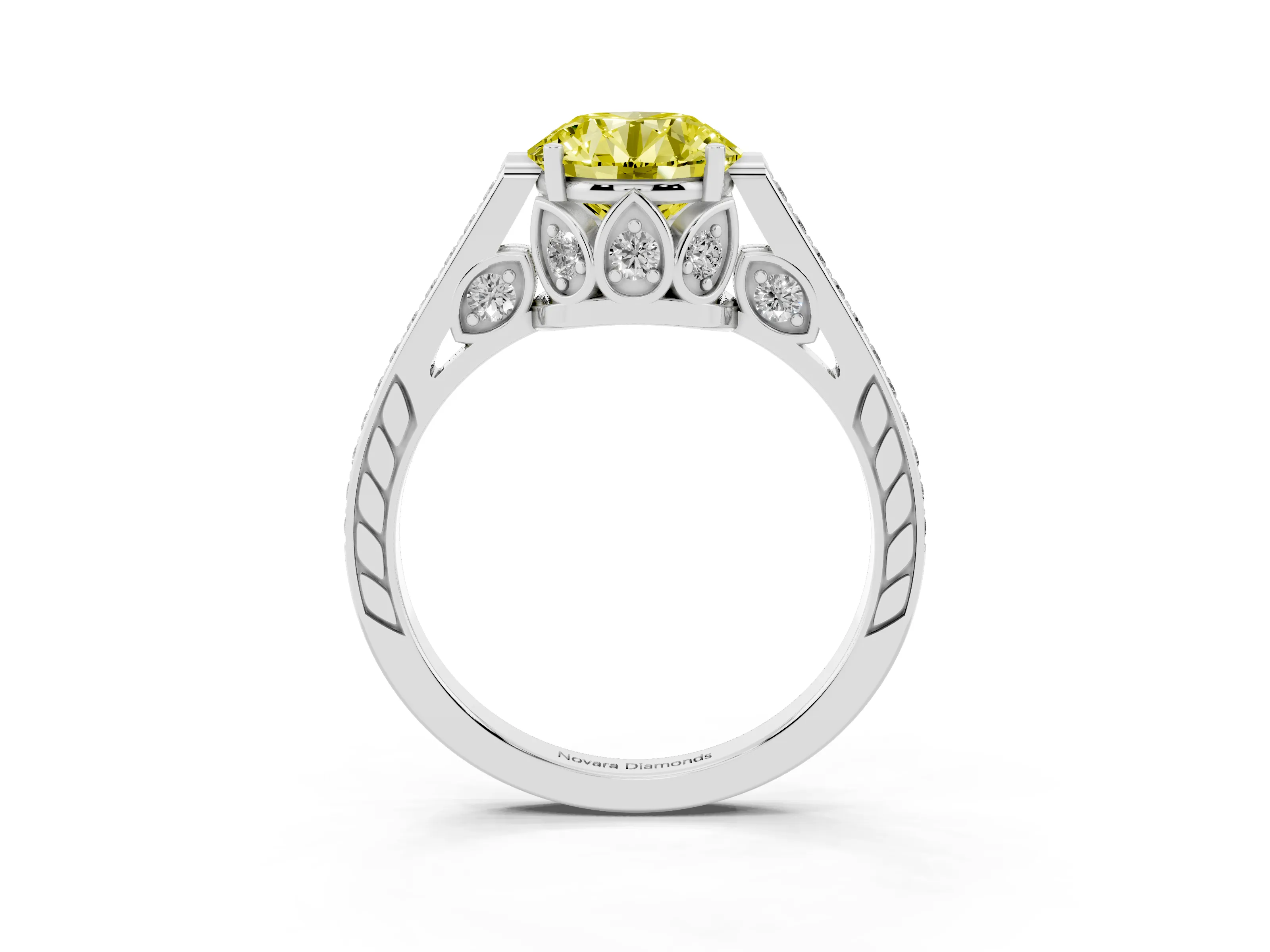 Fancy Yellow Round Cut Diamond Cathedral Pavé Engagement Ring Set in White gold with Prong Setting