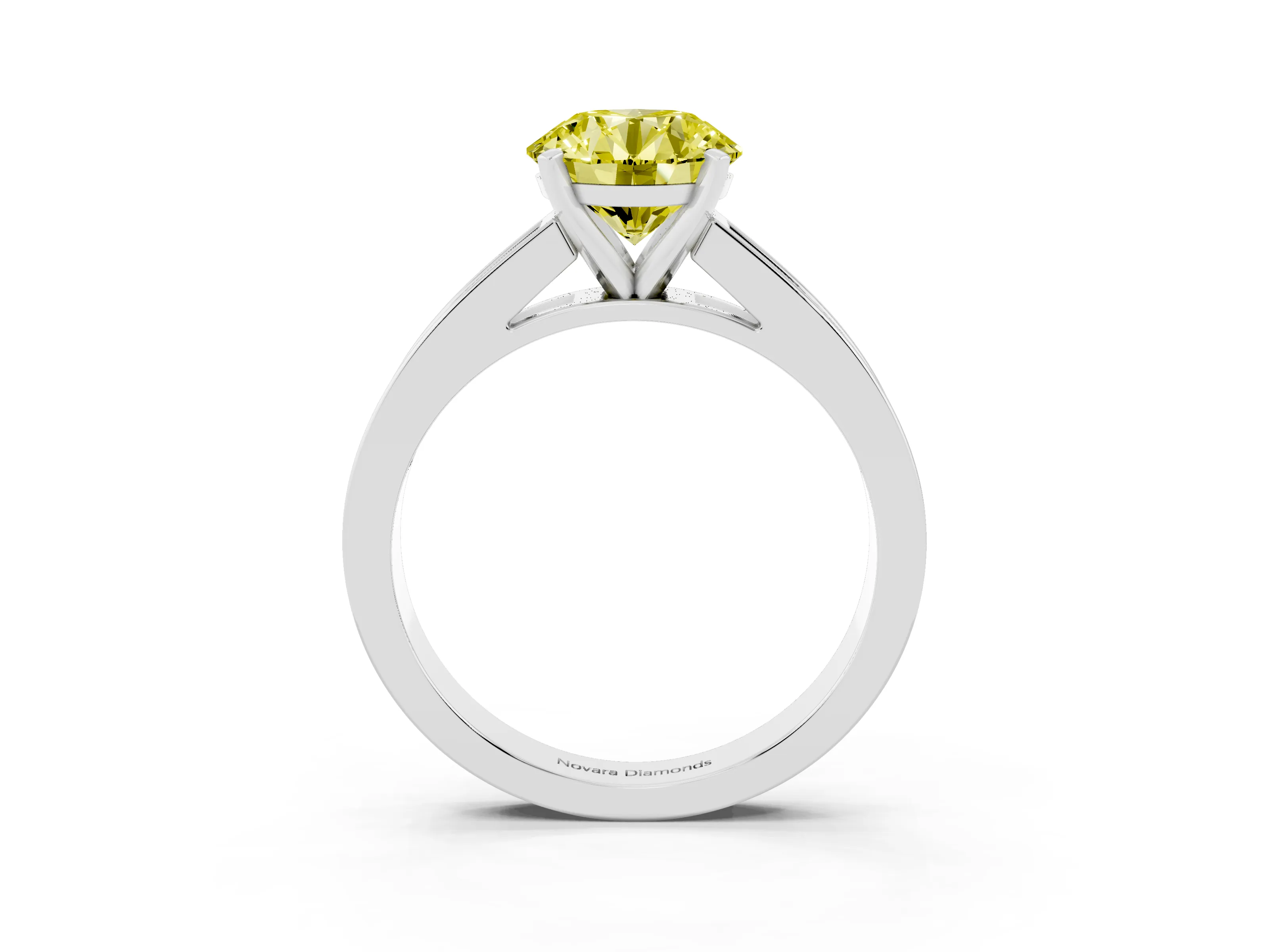 Fancy Yellow Round Cut Diamond Solitaire Ring Set in Silver with Channel-Set Band and Prong Setting