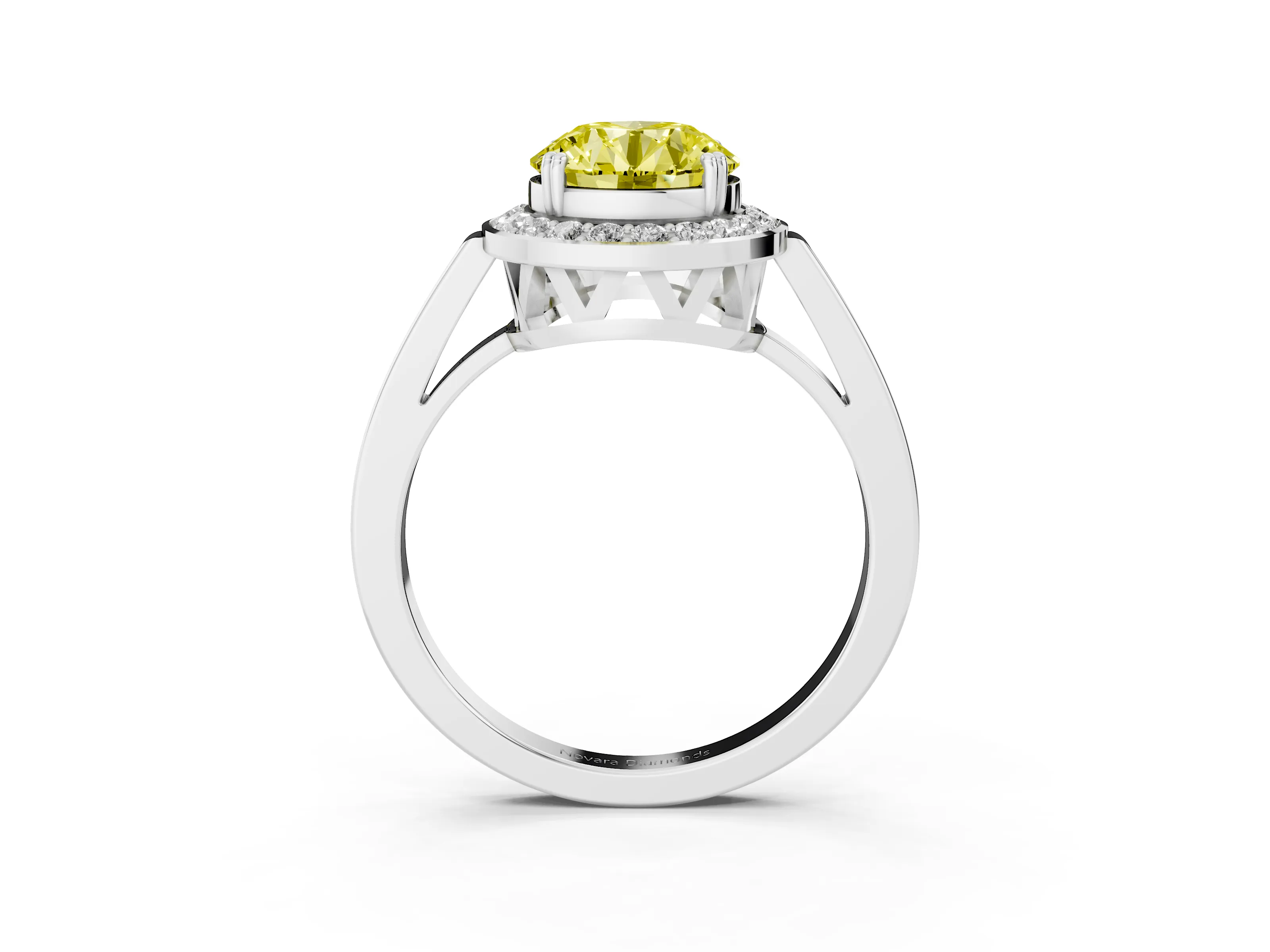 Fancy Yellow Round Cut Diamond Halo Ring Set in Silver with Accent-Lined Split Shank and Prong Setting