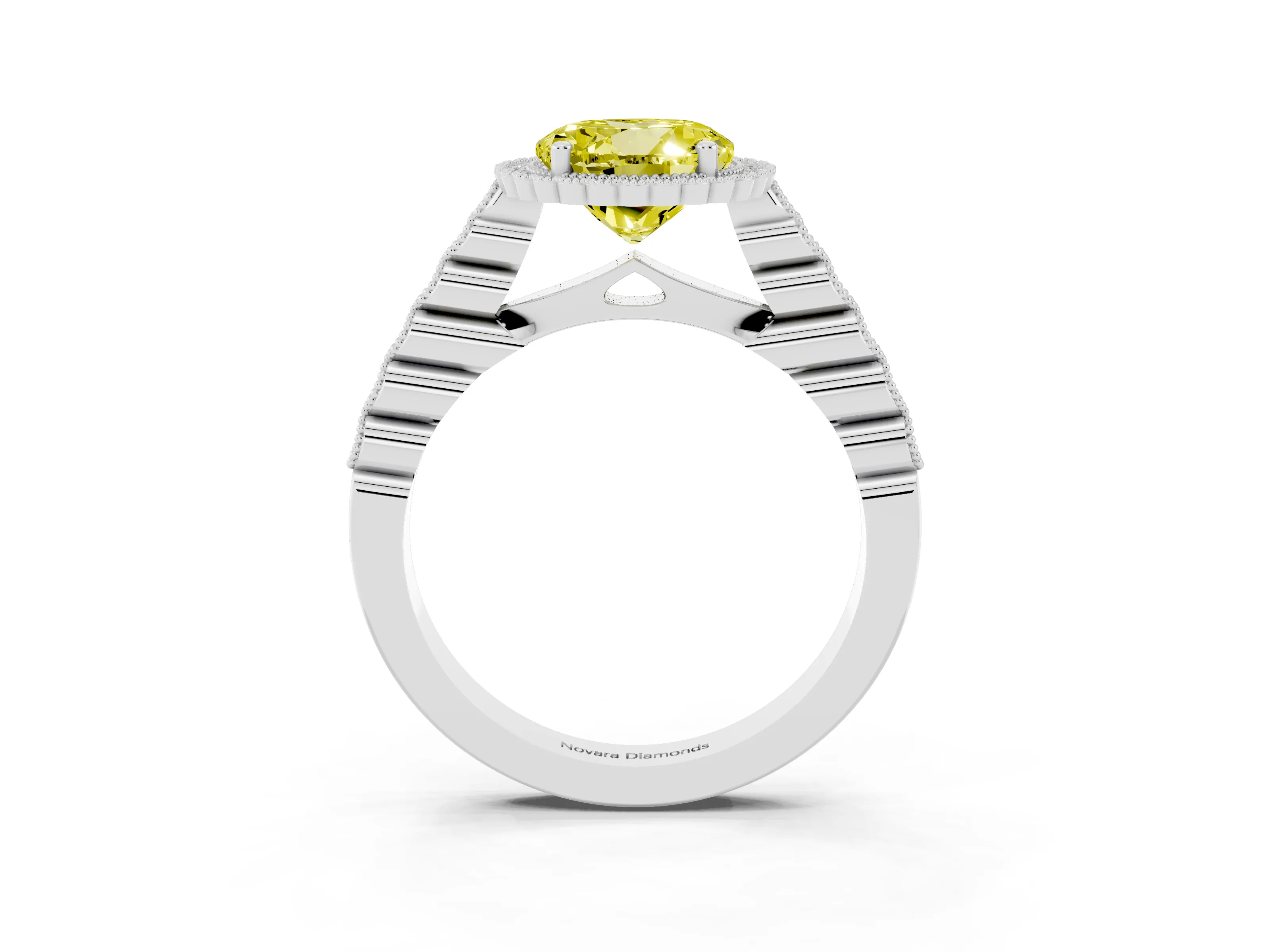 Fancy Yellow Round Cut Diamond Halo Ring Set in Platinum with Pavé Milgrain Band