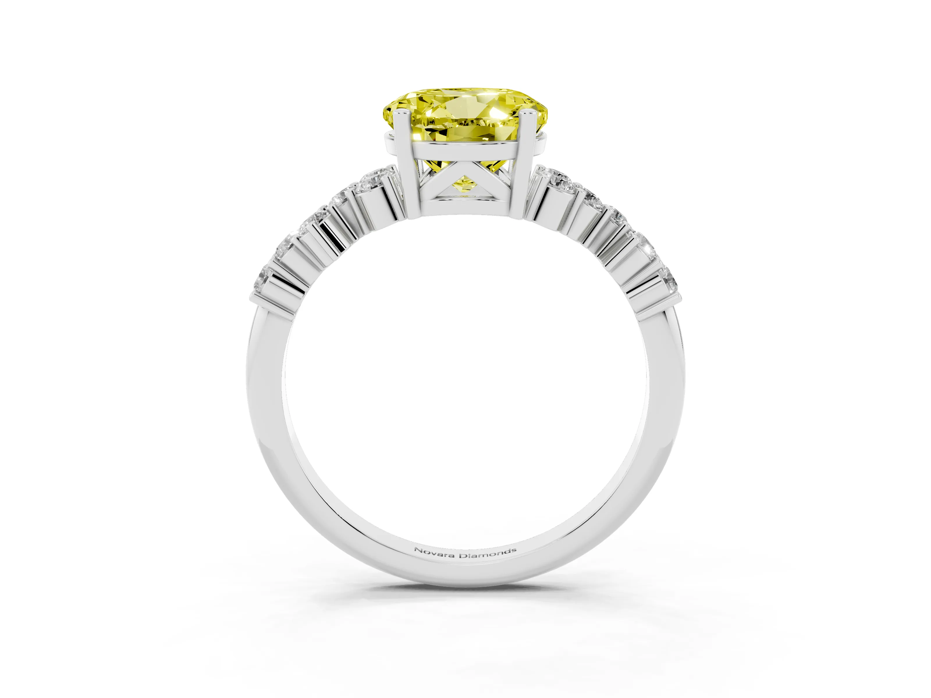Fancy Yellow Round Cut Diamond Ring Set in White gold with Scattered Round Accents