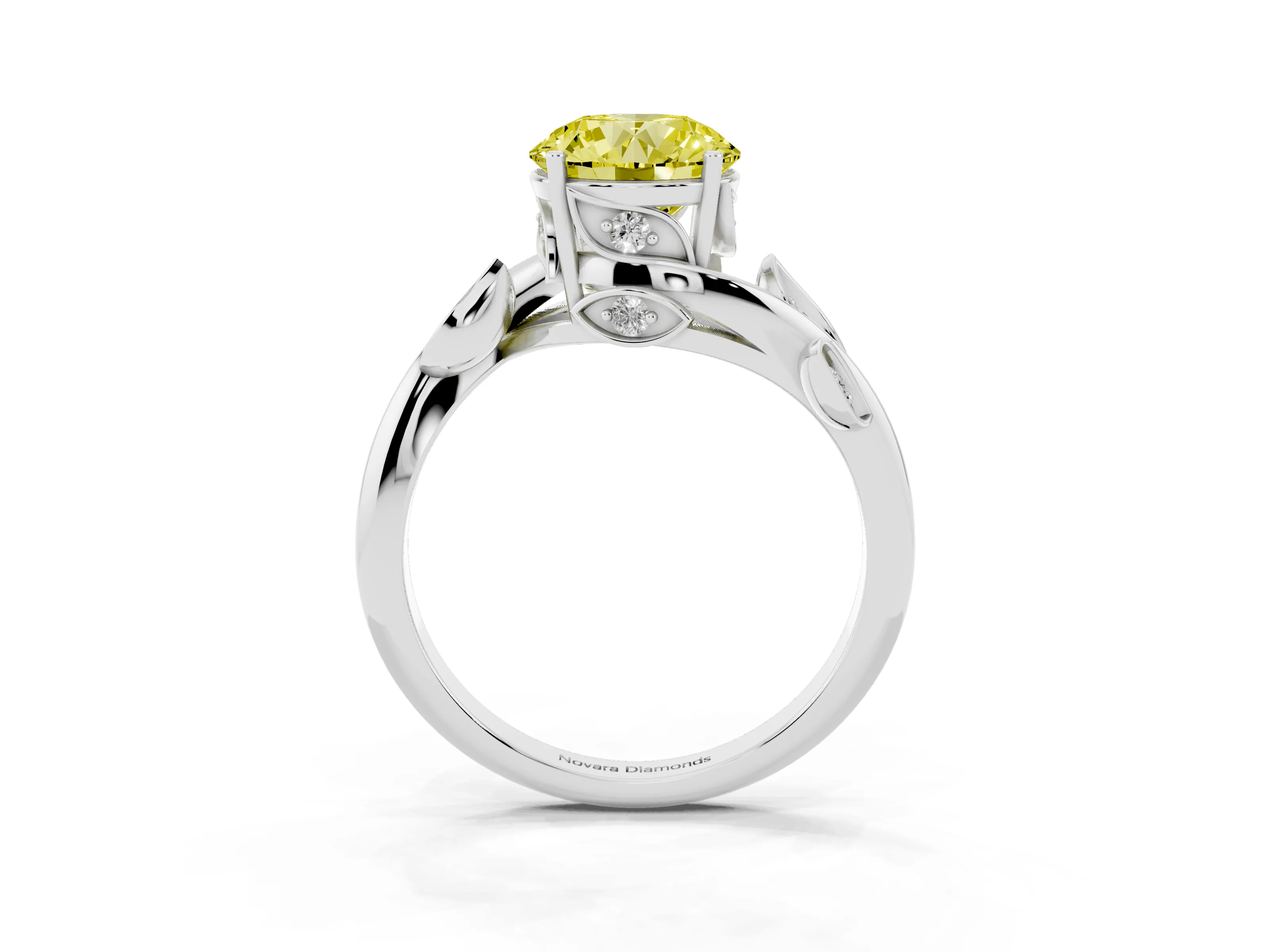 Fancy Yellow Round Cut Diamond Solitaire Twist Engagement Ring Set in Platinum with Pavé Leaf Accents