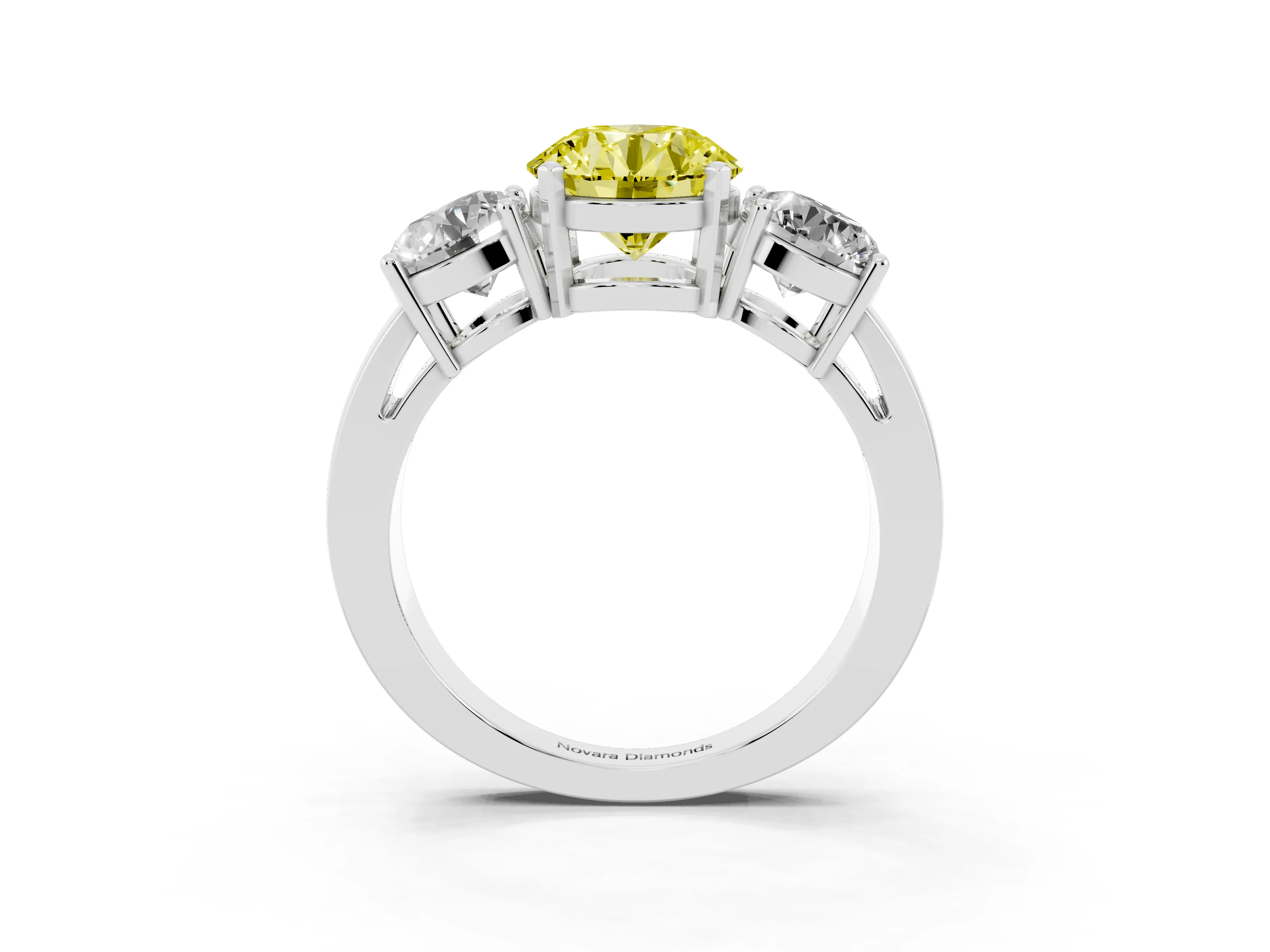 Fancy Yellow Round Cut Diamond Three-Stone Ring Set in Silver with Round Side Stones and Classic Band