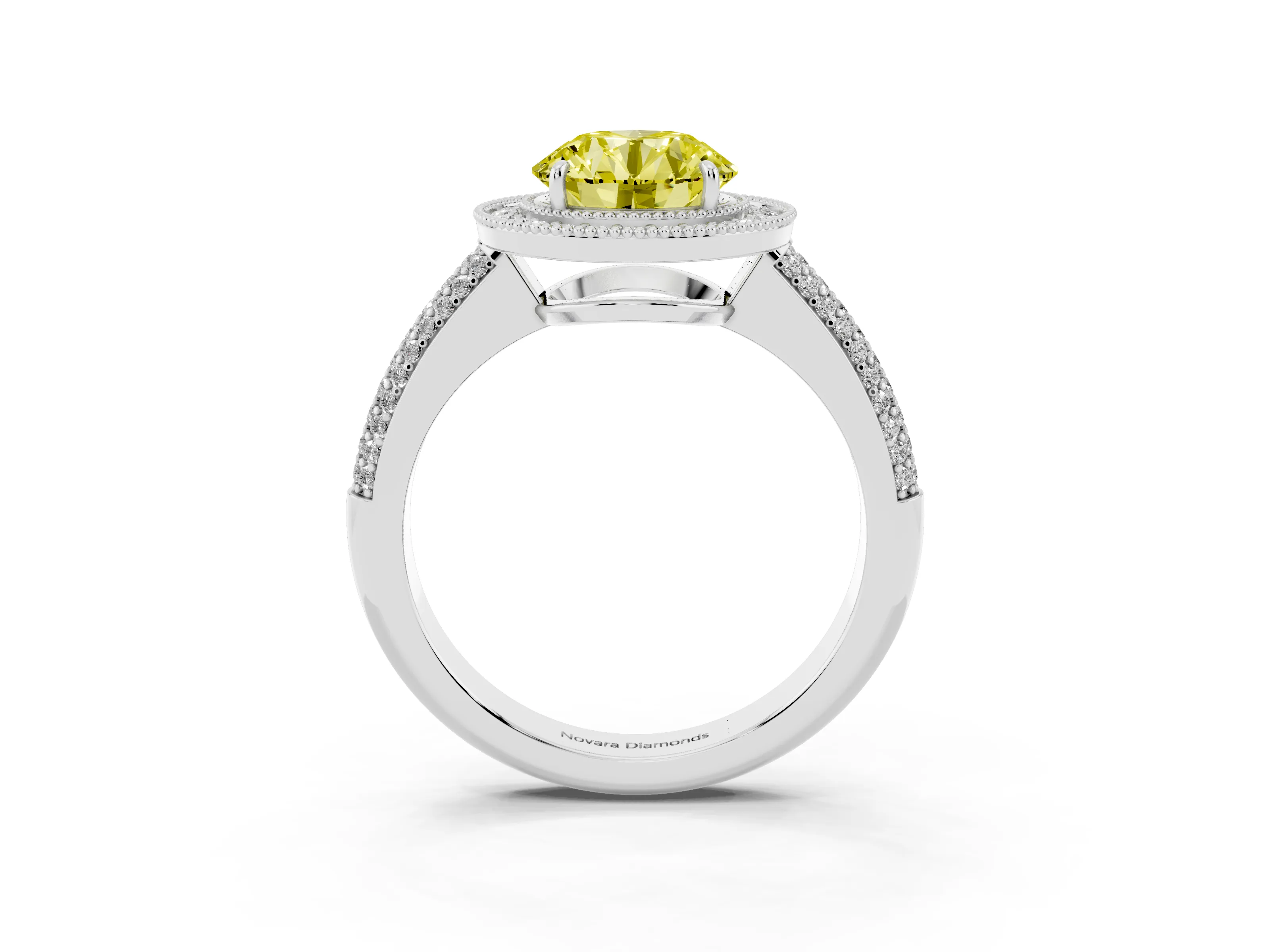 Fancy Yellow Round Cut Diamond Halo Pavé Band Set in Silver with Prong Setting