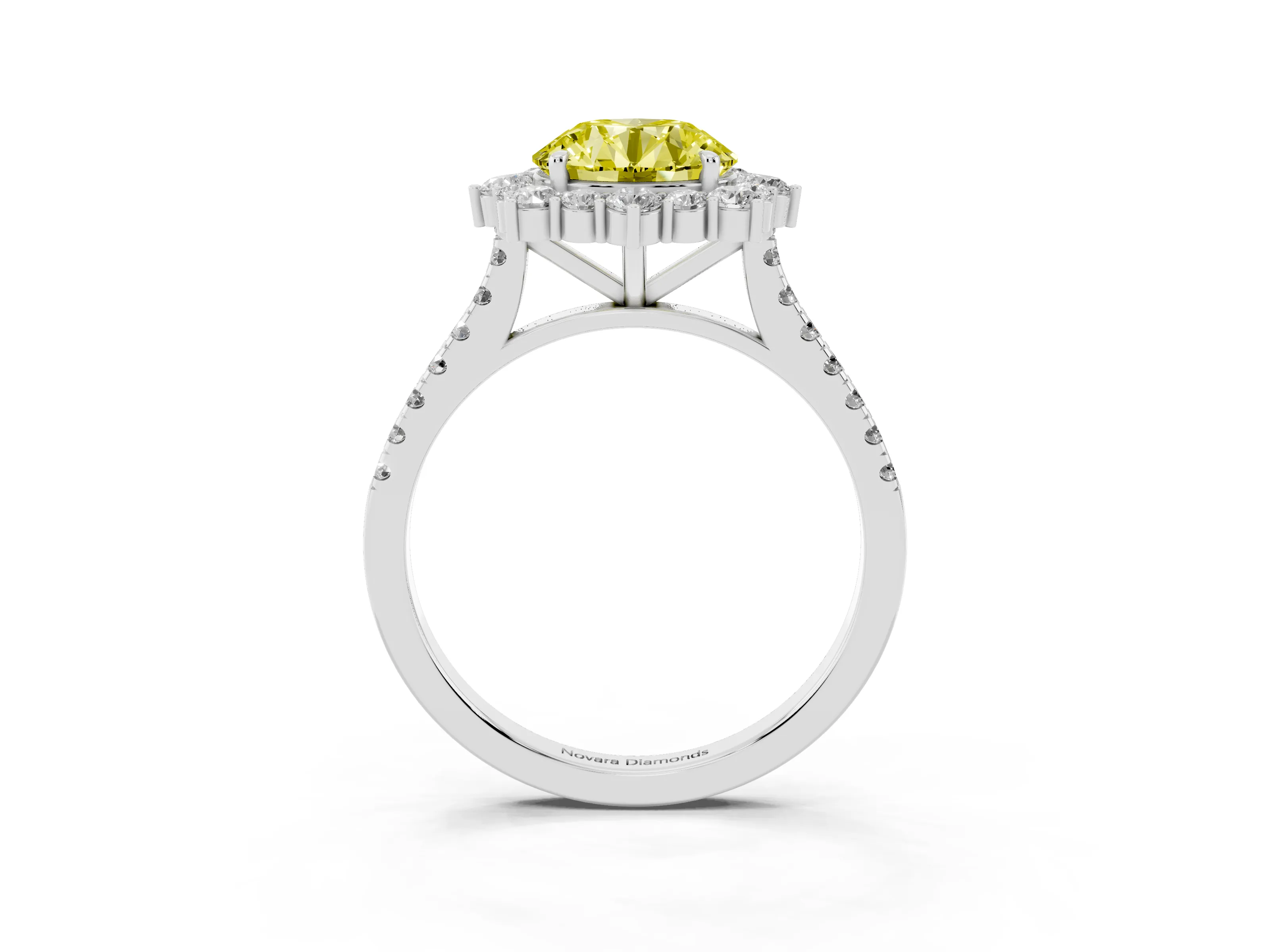 Fancy Yellow Round Cut Diamond Halo Ring Set in Silver with Pavé Band and Prong Setting