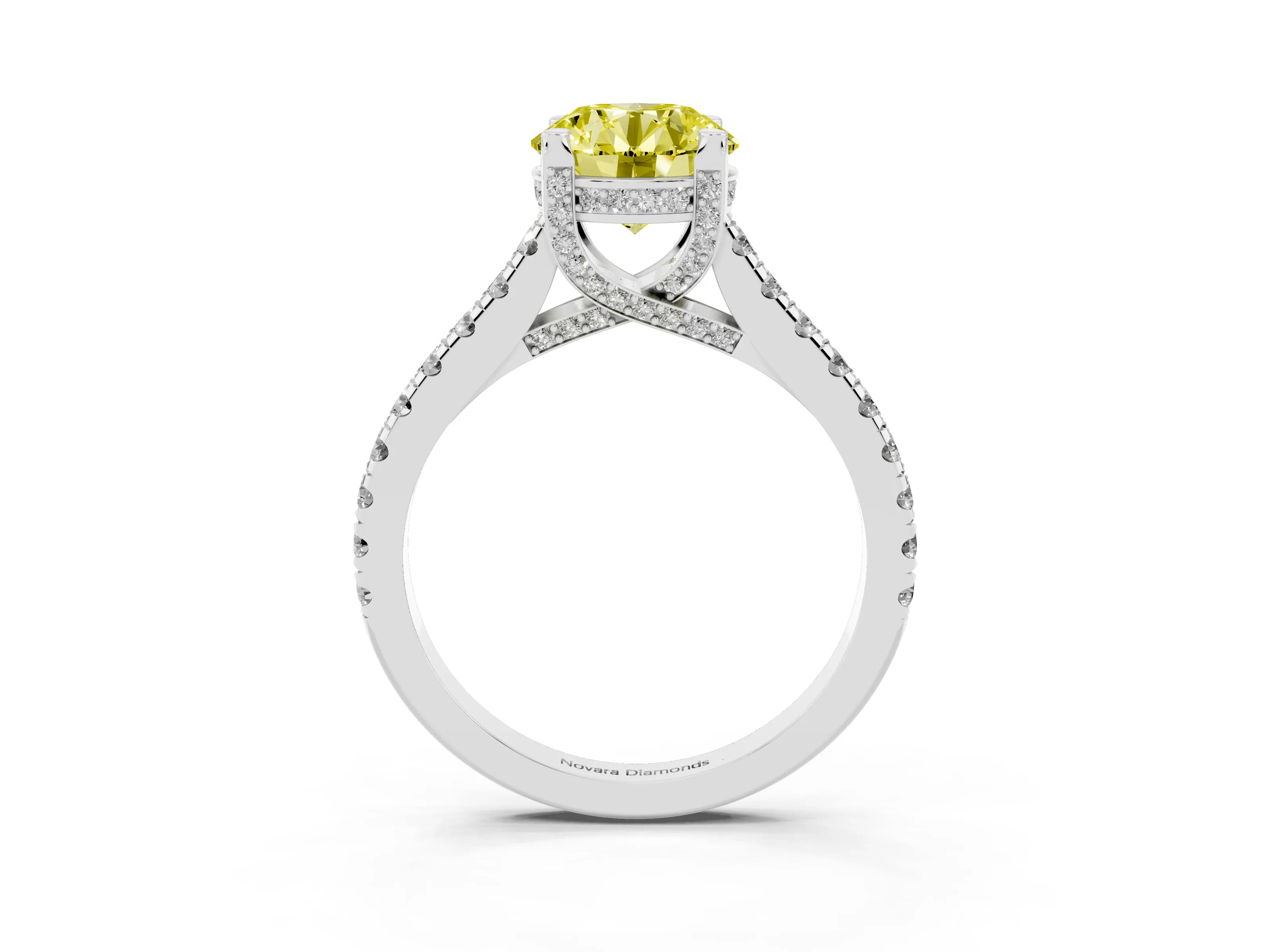 Fancy Yellow Round Cut Diamond Solitaire Ring Set in Platinum with Brilliant Pavé Band and Prong Setting