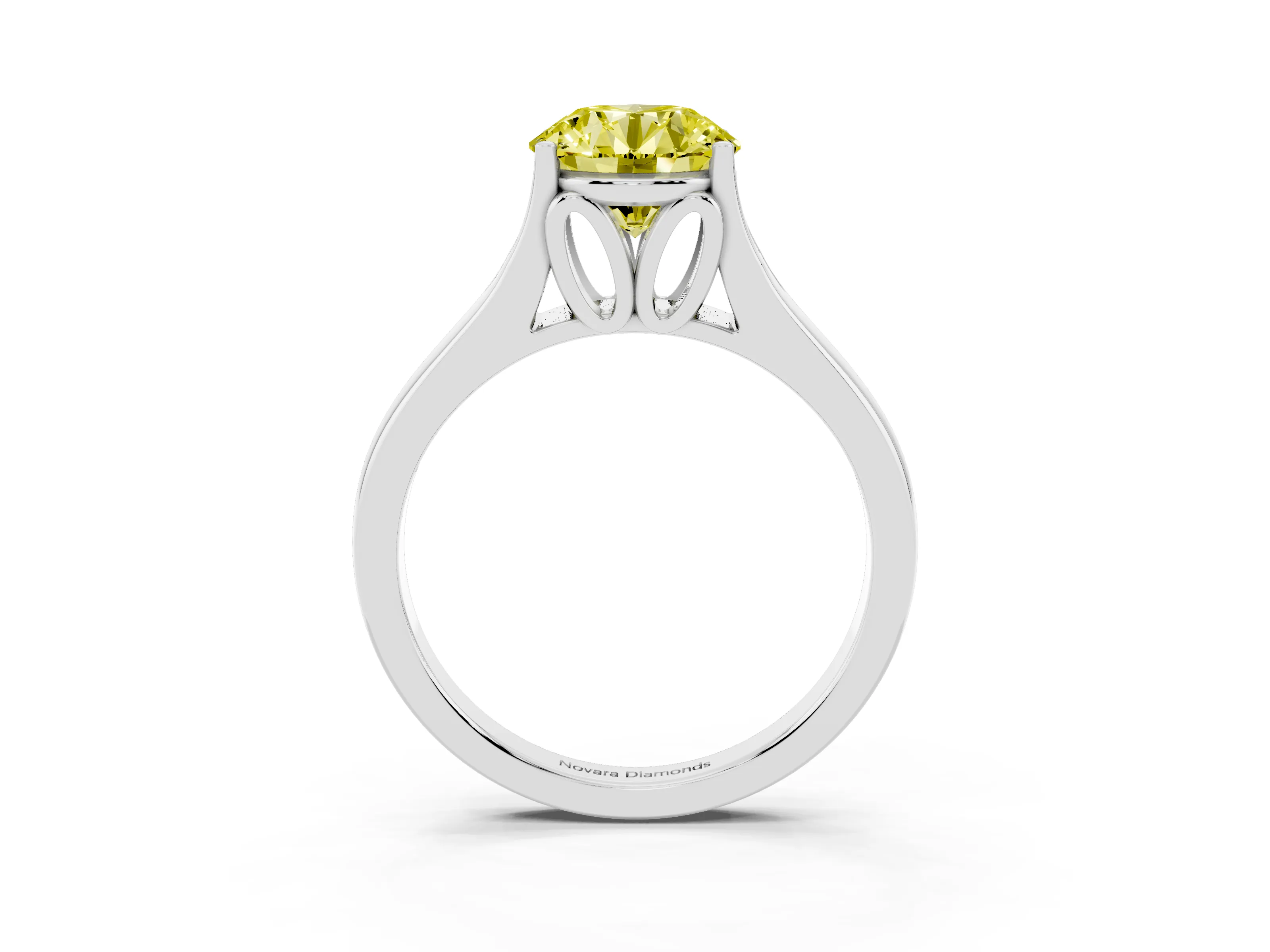 Fancy Yellow Round Cut Diamond Solitaire Ring Set in White gold with Arched Cathedral Band and Prong Setting