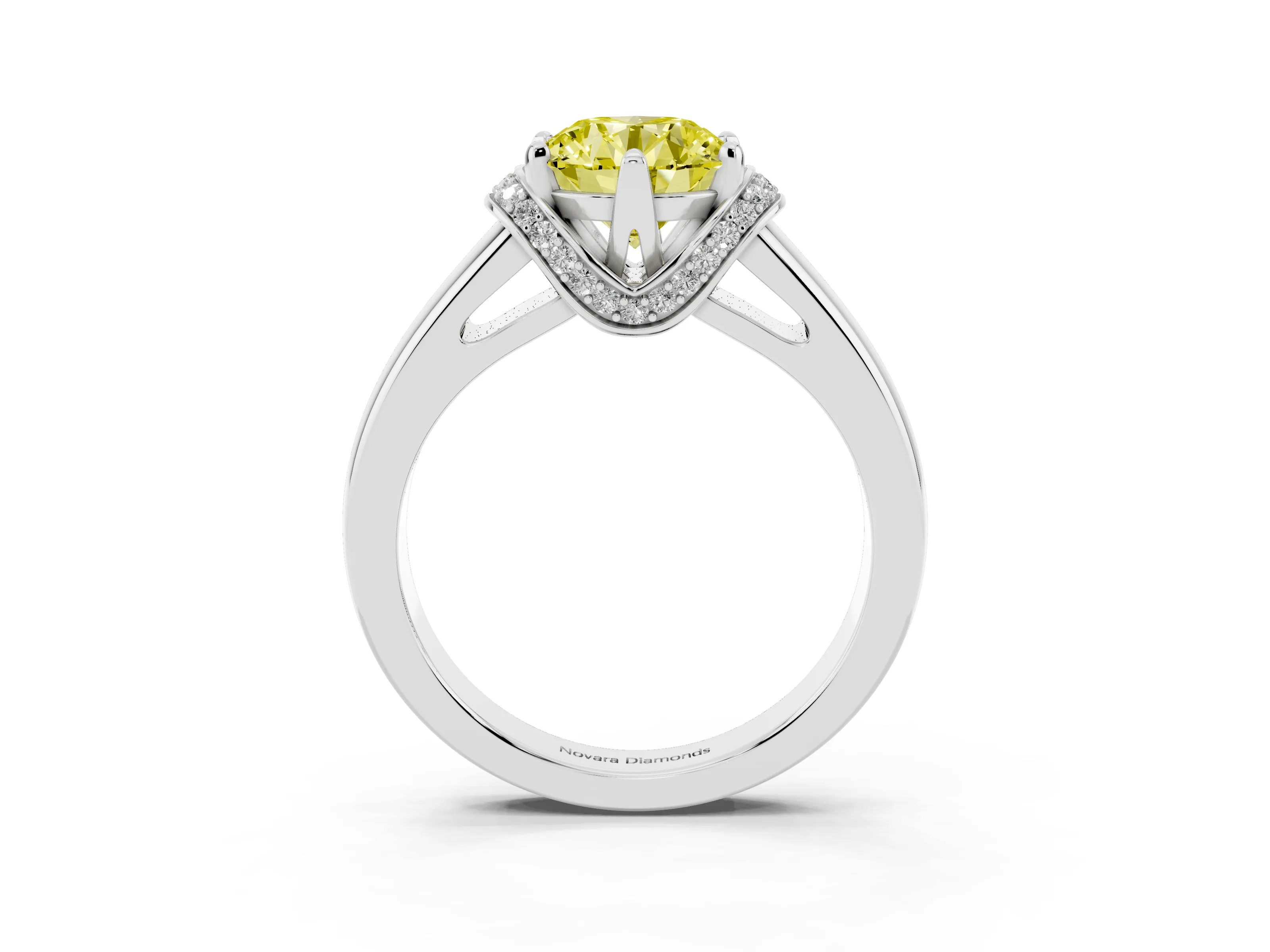 Fancy Yellow Round Cut Diamond Pavé Band Solitaire Ring Set in Silver with Prong Setting