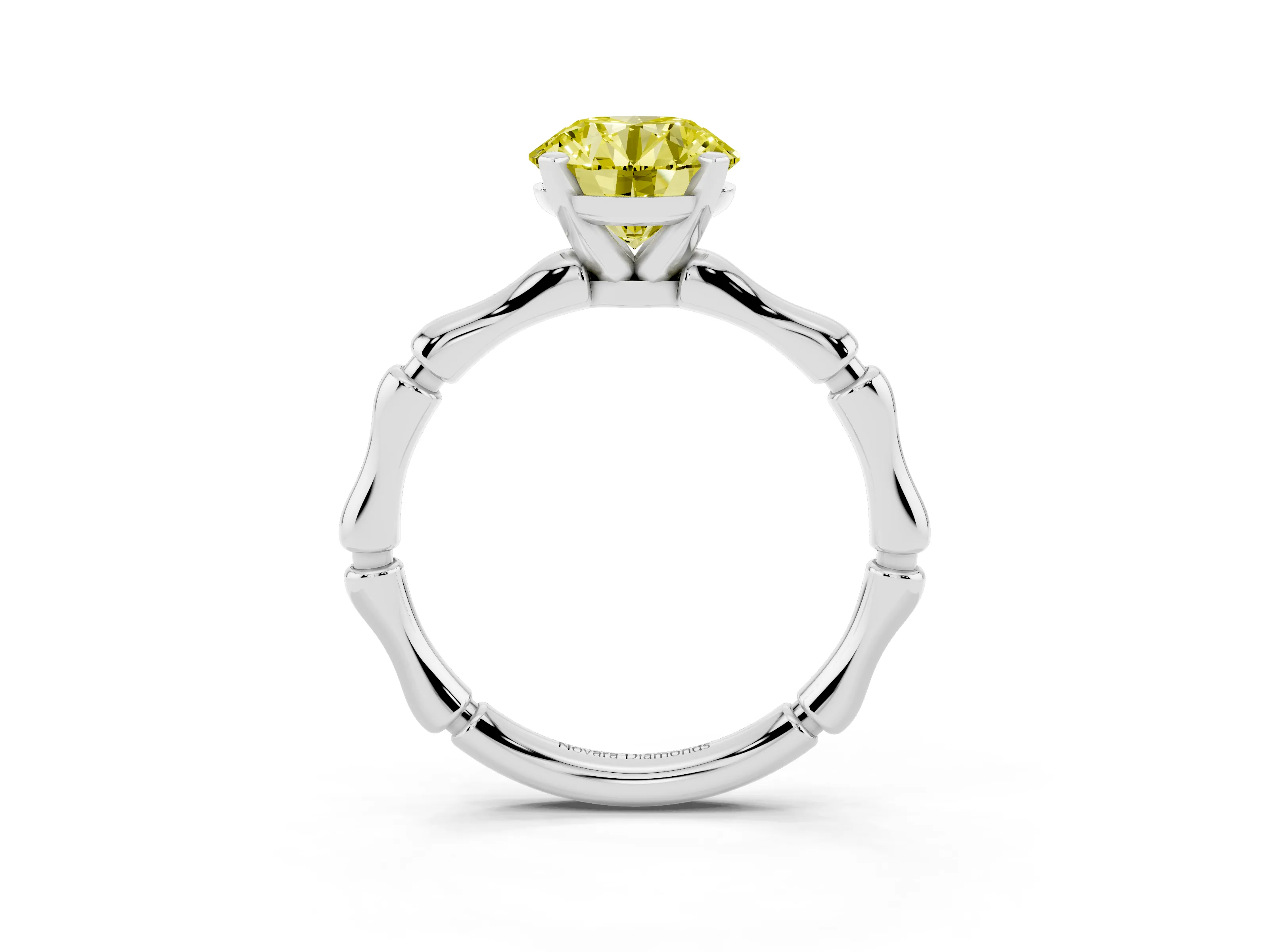 Fancy Yellow Round Cut Diamond Solitaire Ring Set in Platinum with Bamboo Band and Prong Setting