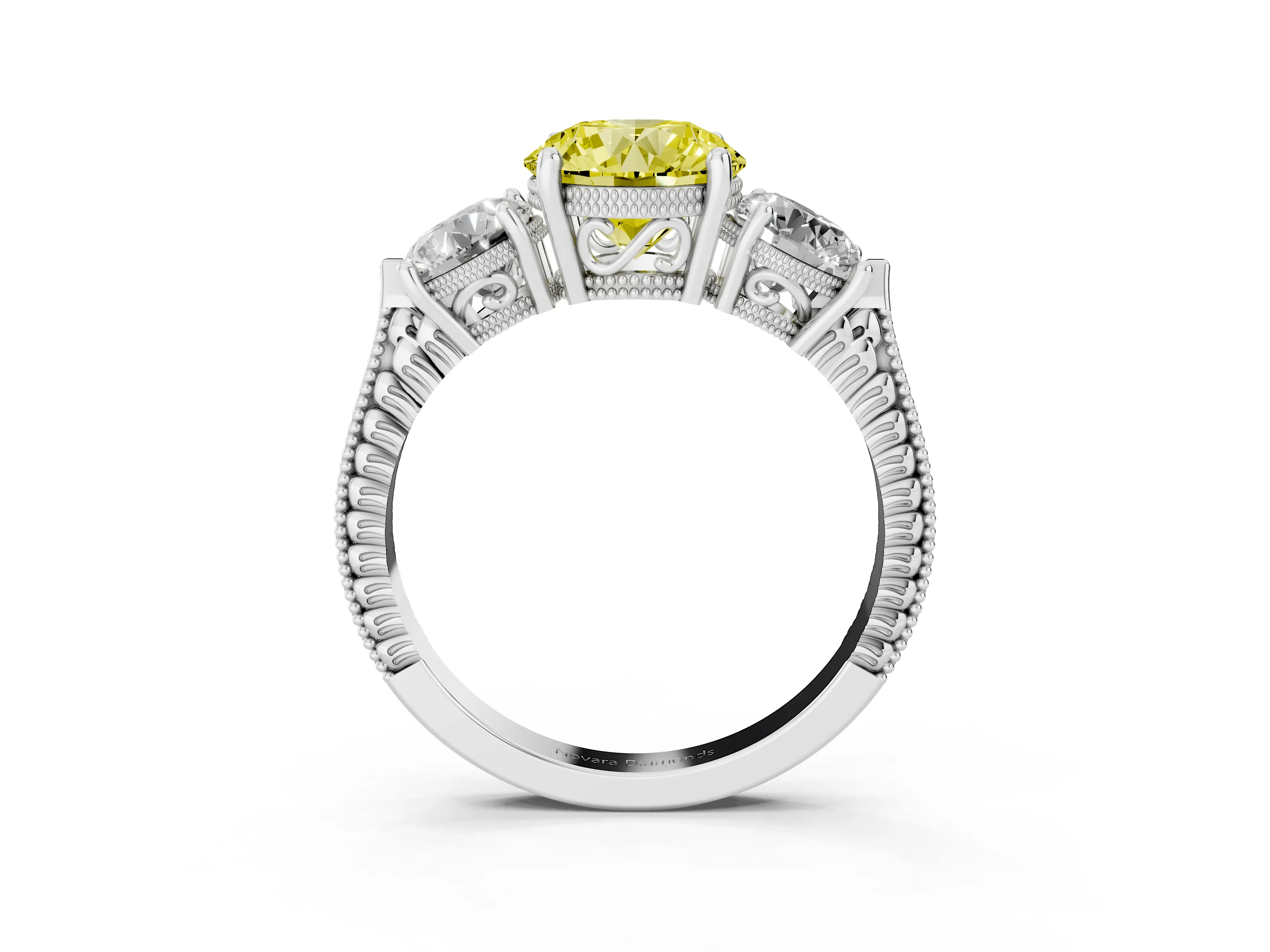 Fancy Yellow Round Cut Diamond Three-Stone Ring Set in Silver with Milgrain Band