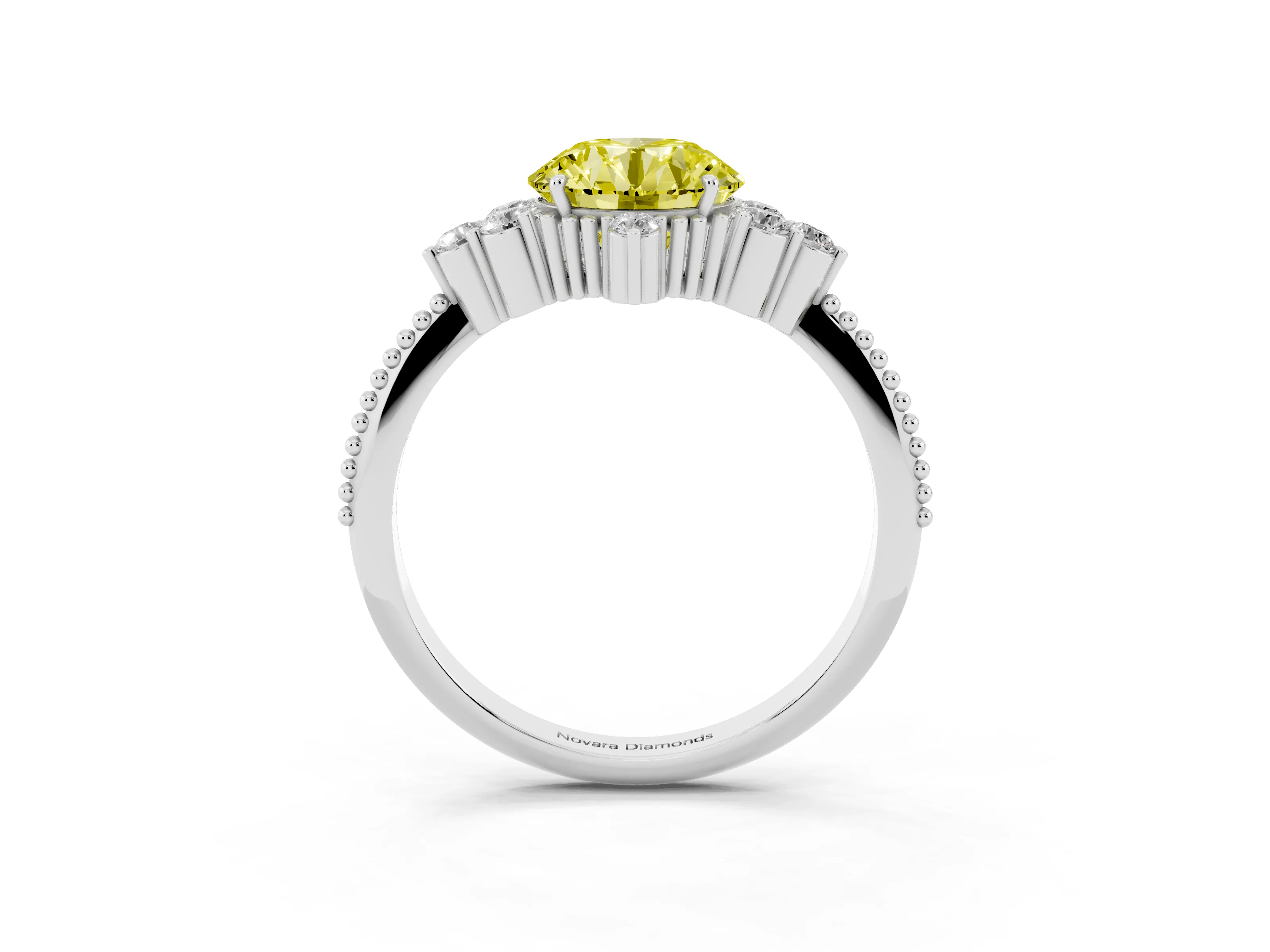 Fancy Yellow Round Cut Diamond Cluster Ring Set in Silver with Beaded Band
