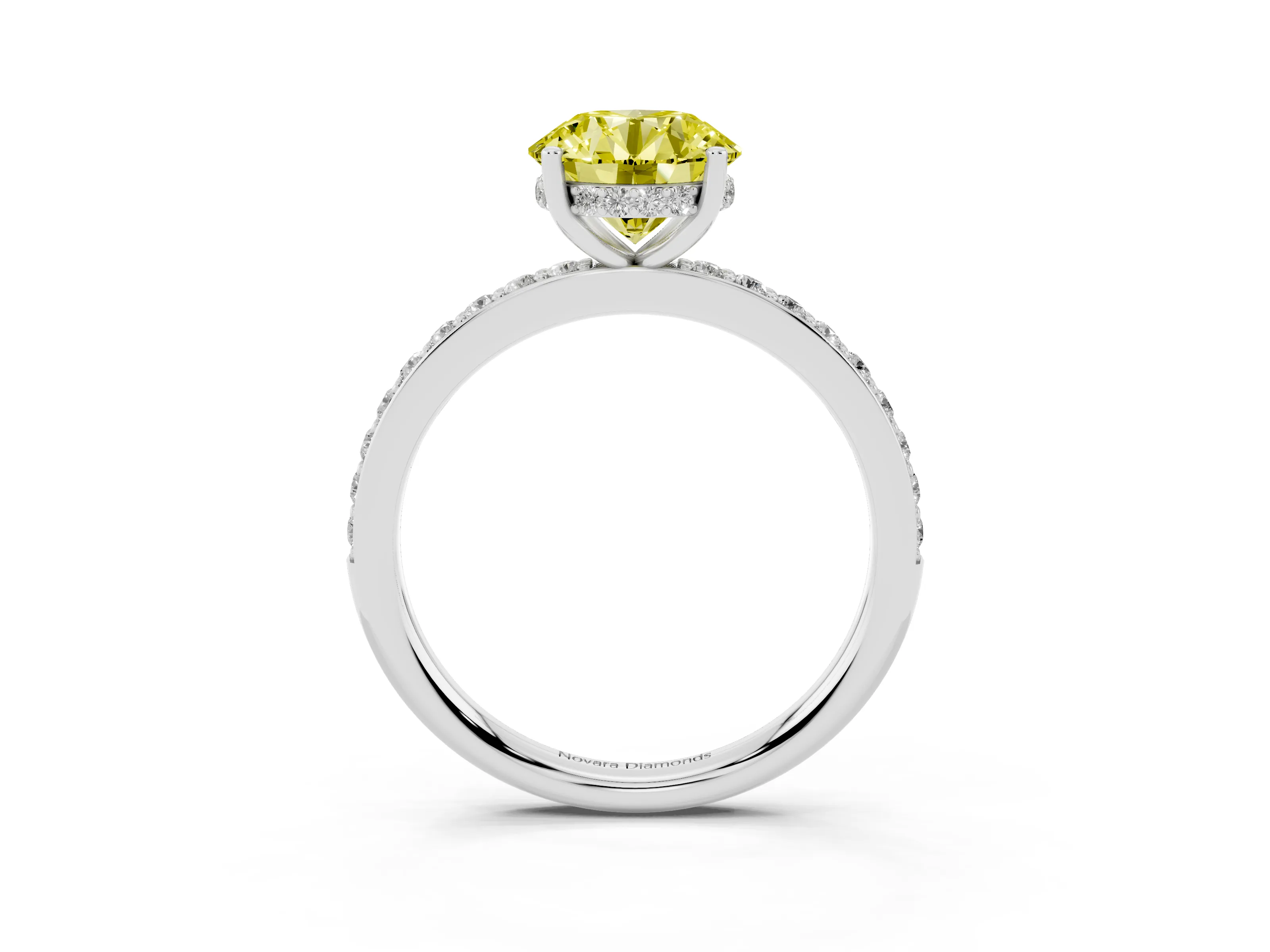 Fancy Yellow Round Cut Diamond Pavé Band Ring Set in Silver with Prong-Set Center Stone