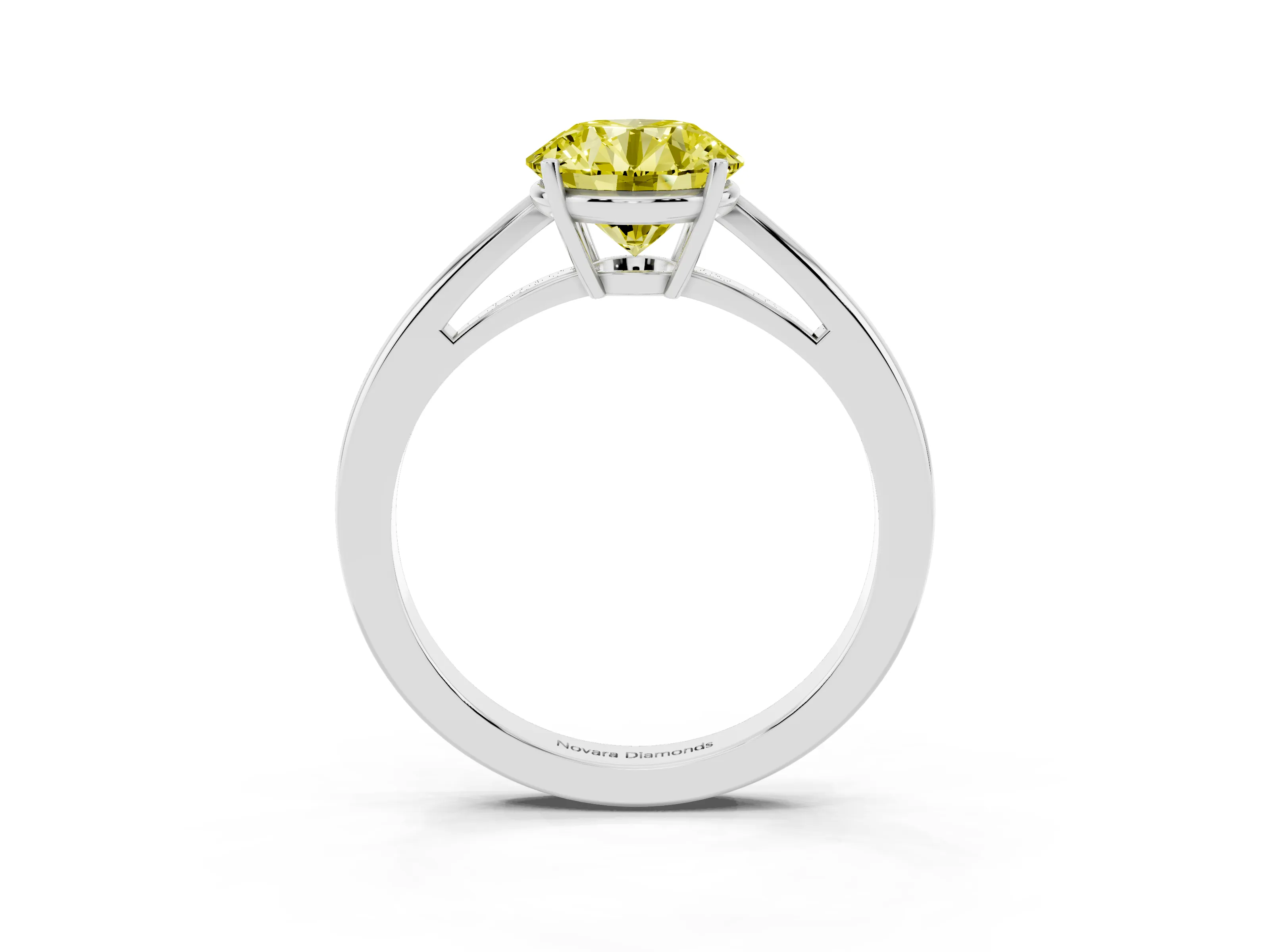 Fancy Yellow Round Cut Diamond Solitaire Ring Set in Platinum with Split Shank and Prong Setting