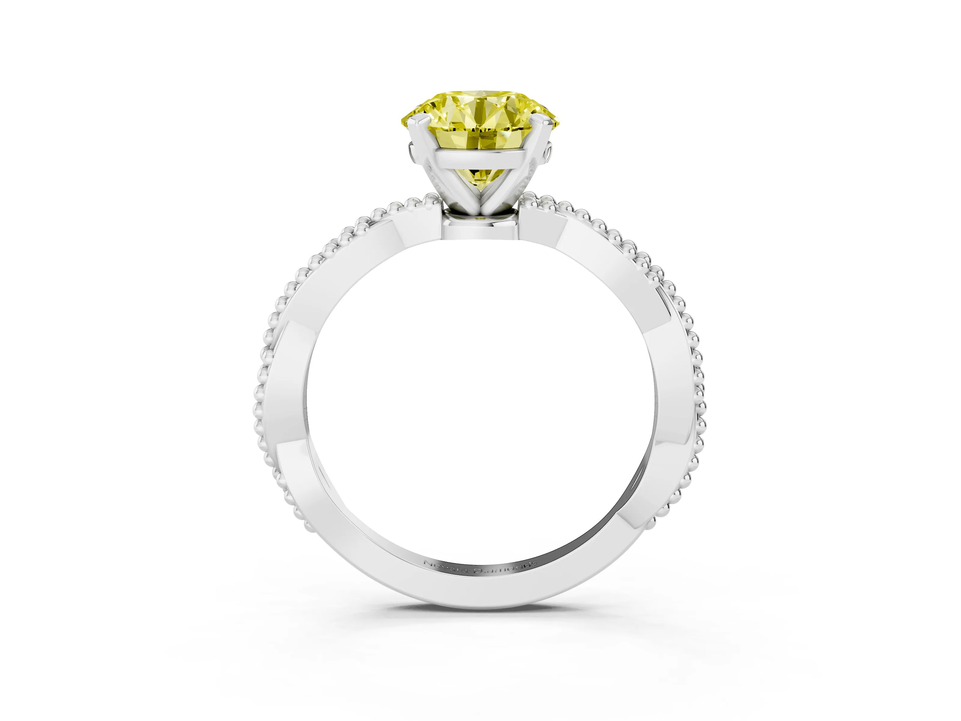 Fancy Yellow Round Cut Diamond Solitaire Ring Set in Silver with Twisted Band and Bead Prong Setting