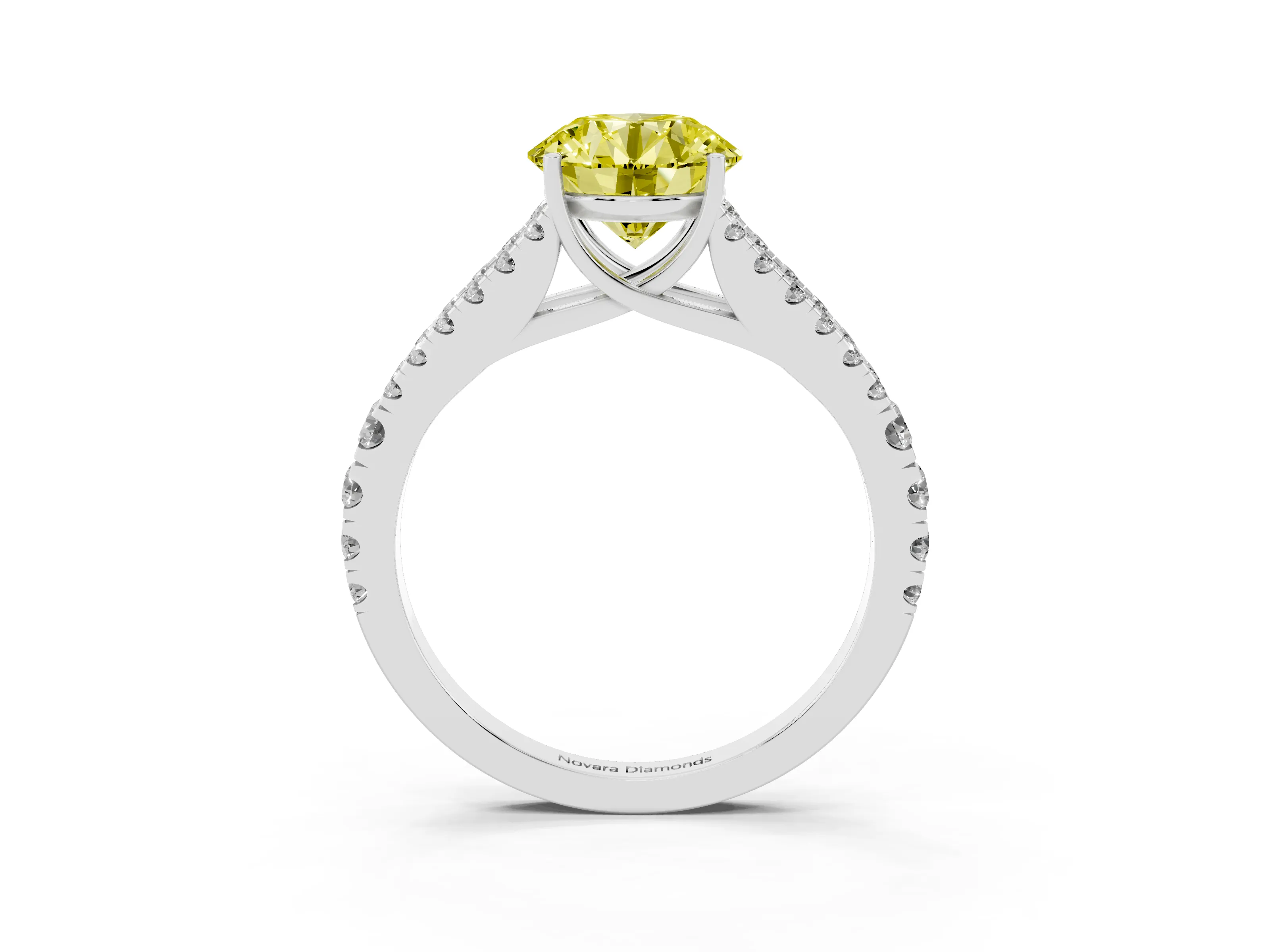 Fancy Yellow Round Cut Diamond Split Shank Pavé Engagement Ring Set in Silver with Prong-Held Center Stone