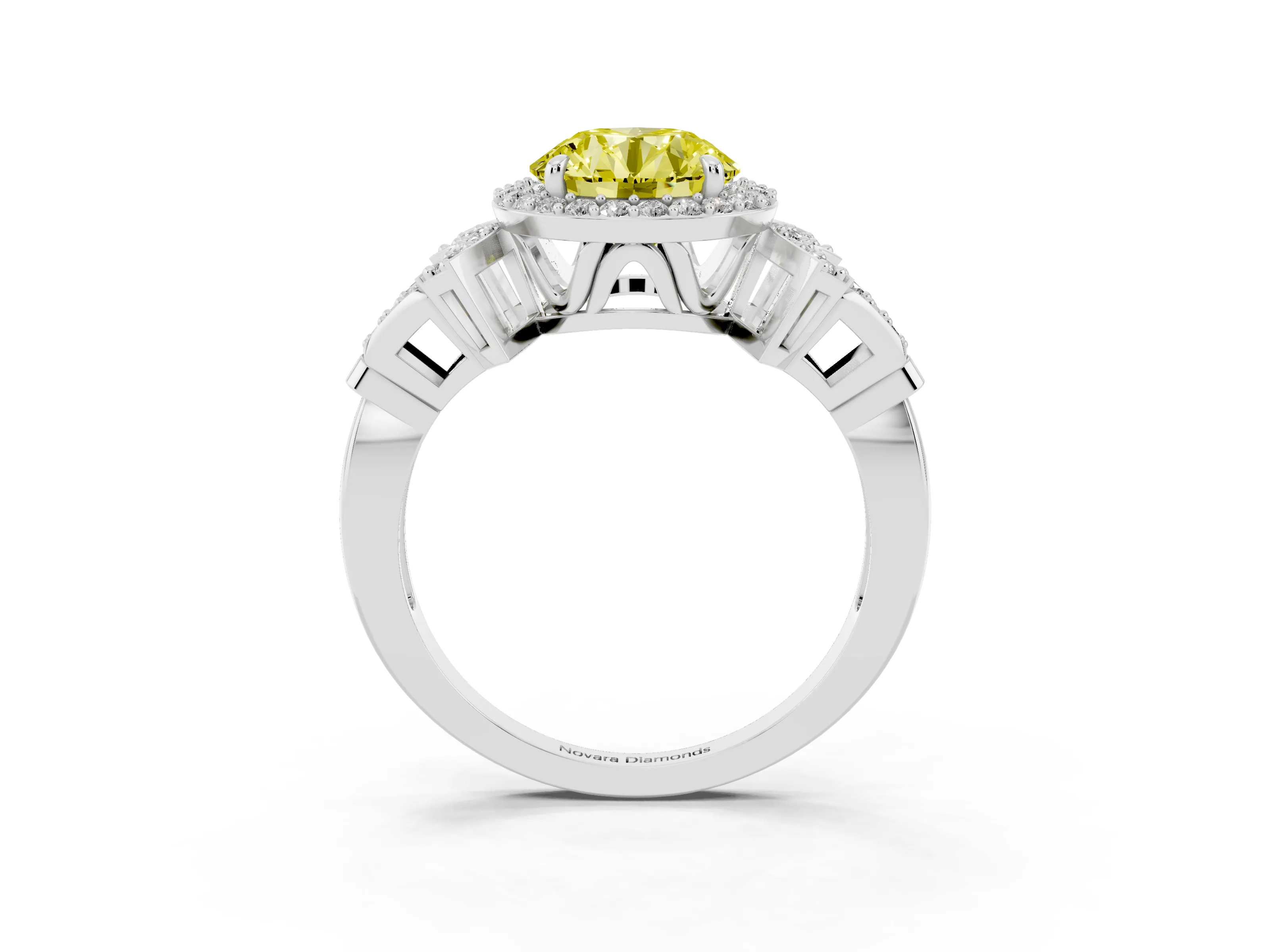 Fancy Yellow Round Cut Diamond Halo Engagement Ring Set in Silver with Accent Stone Split Shank