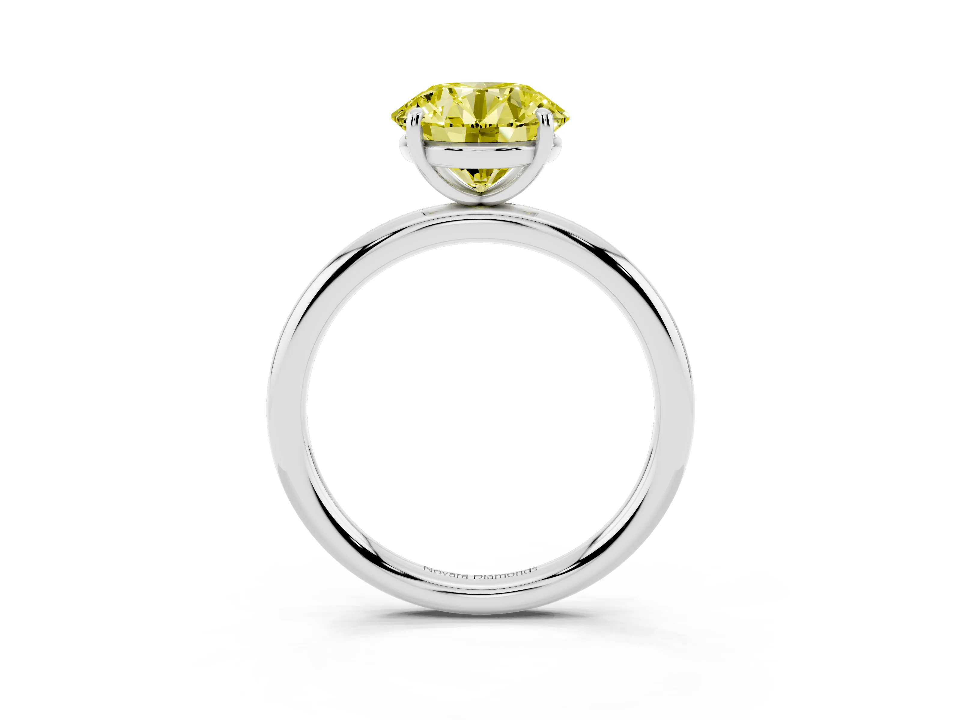 Fancy Yellow Round Cut Diamond Solitaire Ring Set in Platinum with Prong Setting on a Polished Plain Band