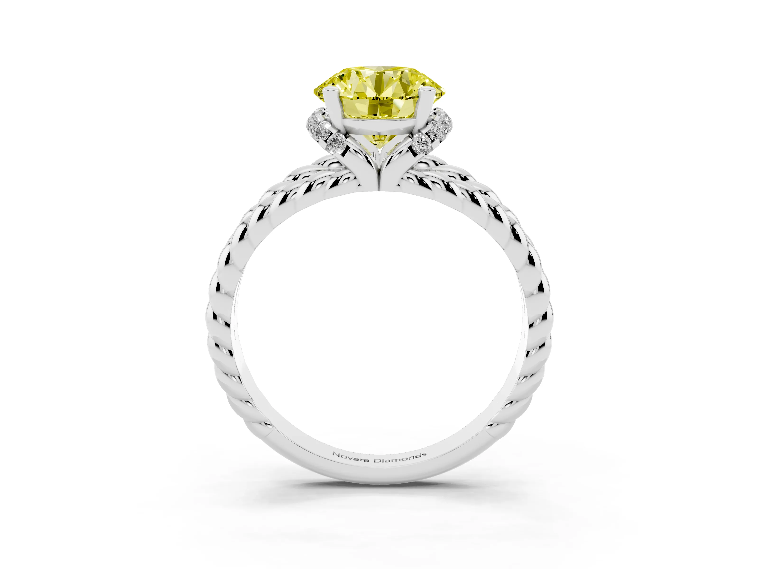 Fancy Yellow Round Cut Diamond Halo Ring Set in White gold with Twisted Band and Prong Setting