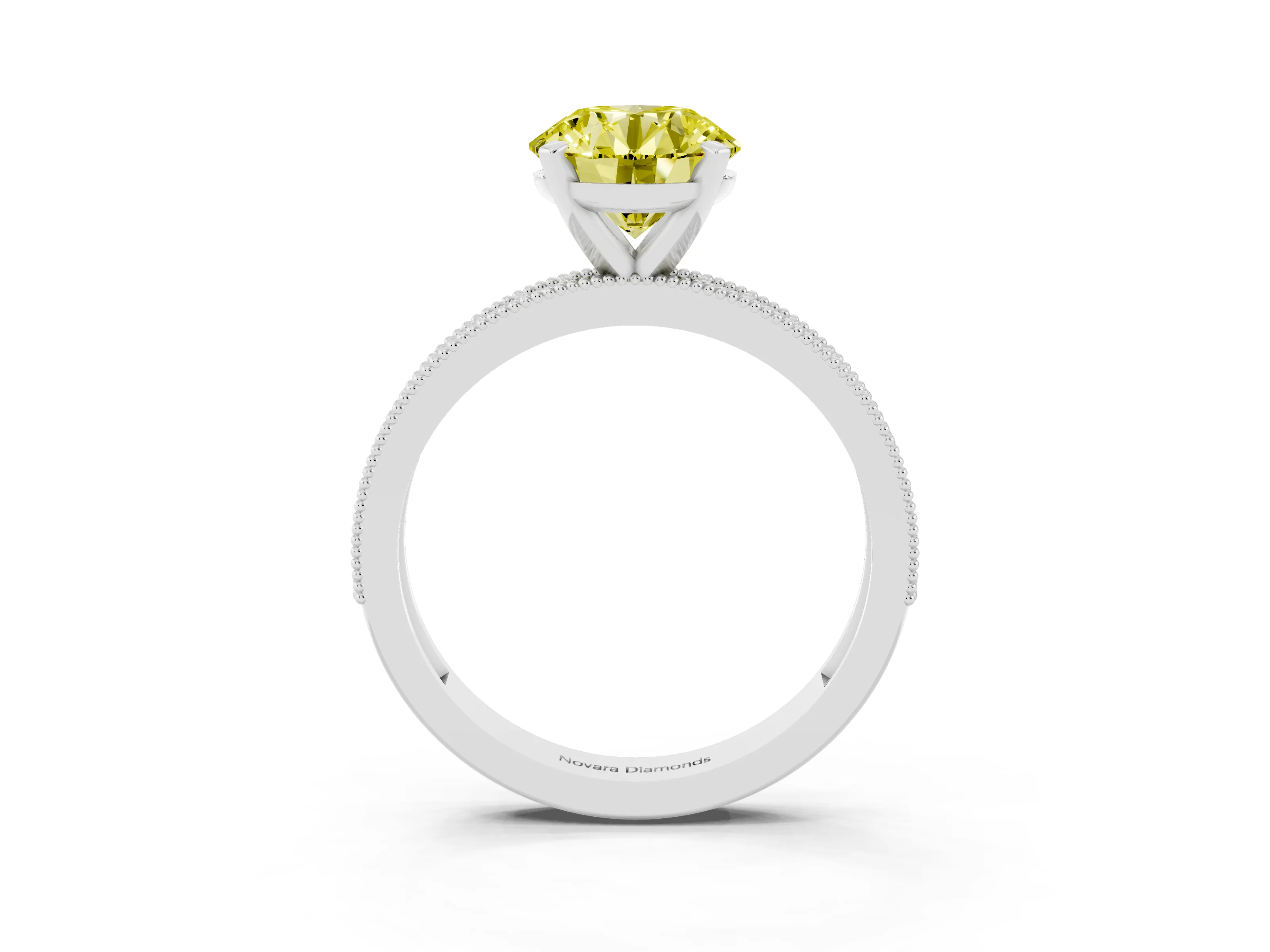 Fancy Yellow Round Cut Diamond Milgrain Pavé Engagement Ring Set in Platinum with Prong Setting