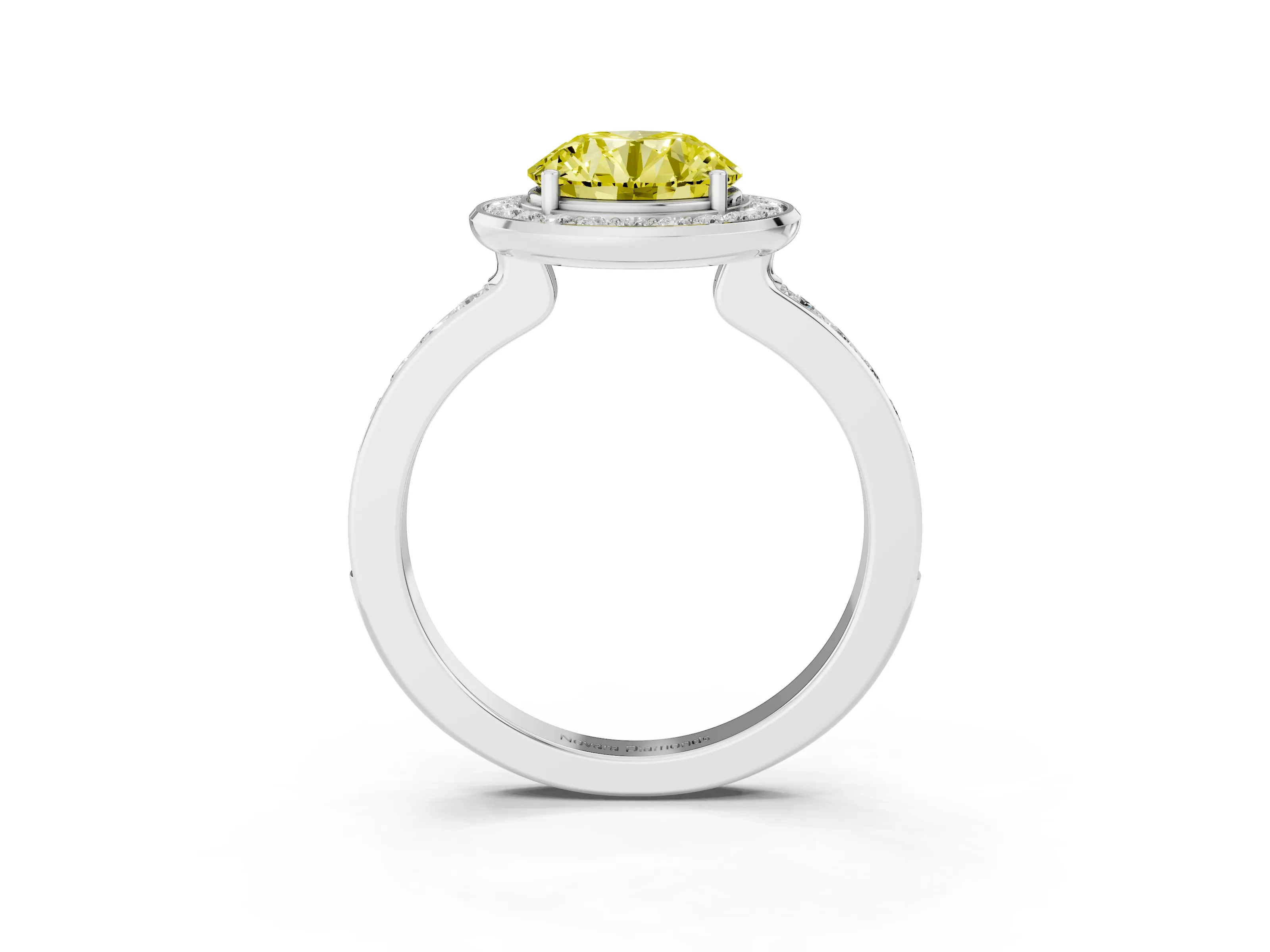 Fancy Yellow Round Cut Diamond Halo Ring Set in Silver with Bezel Frame and Pavé Band