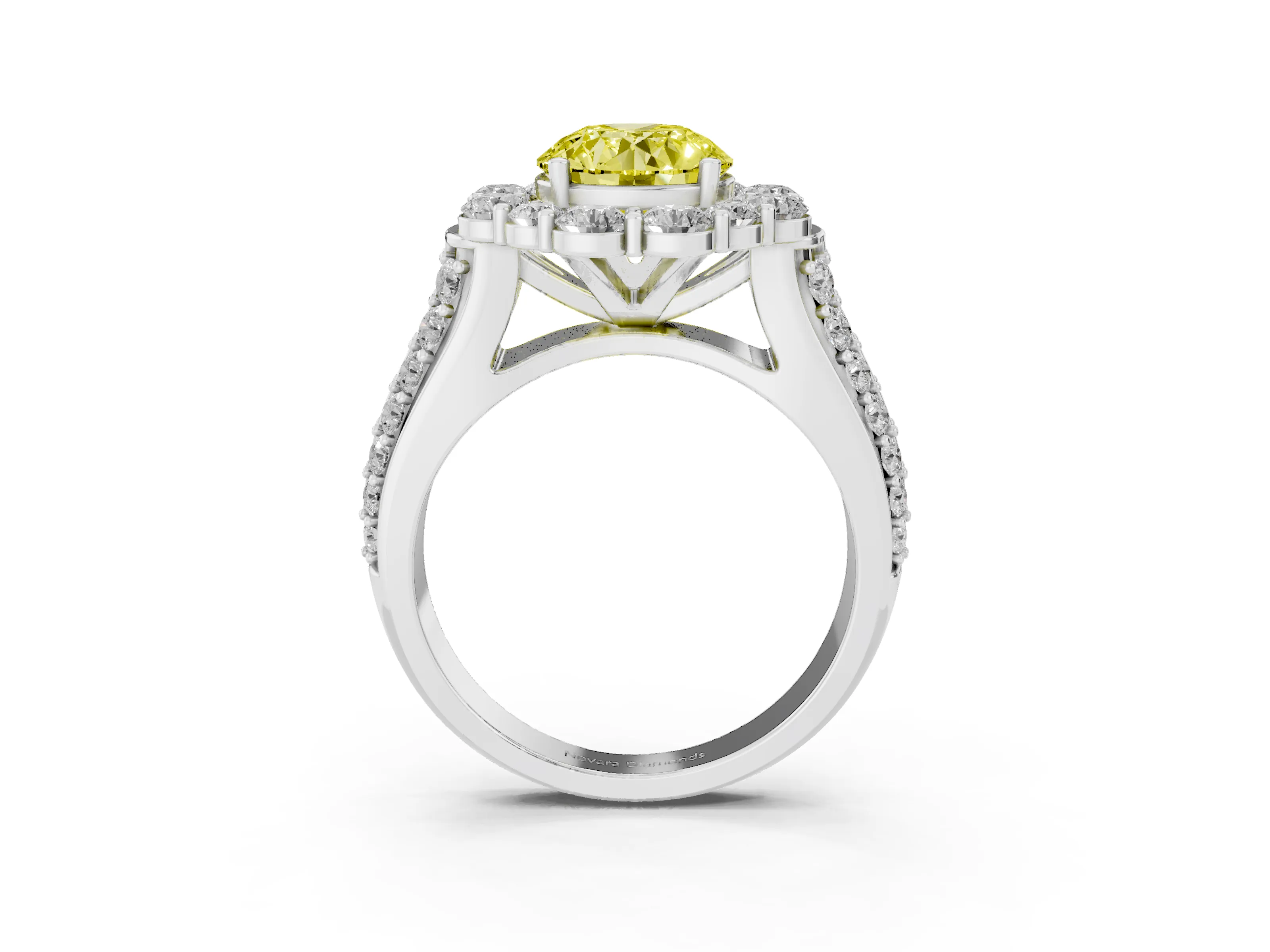 Fancy Yellow Round Cut Diamond Halo Engagement Ring Set in White gold with Split Shank and Prong Setting