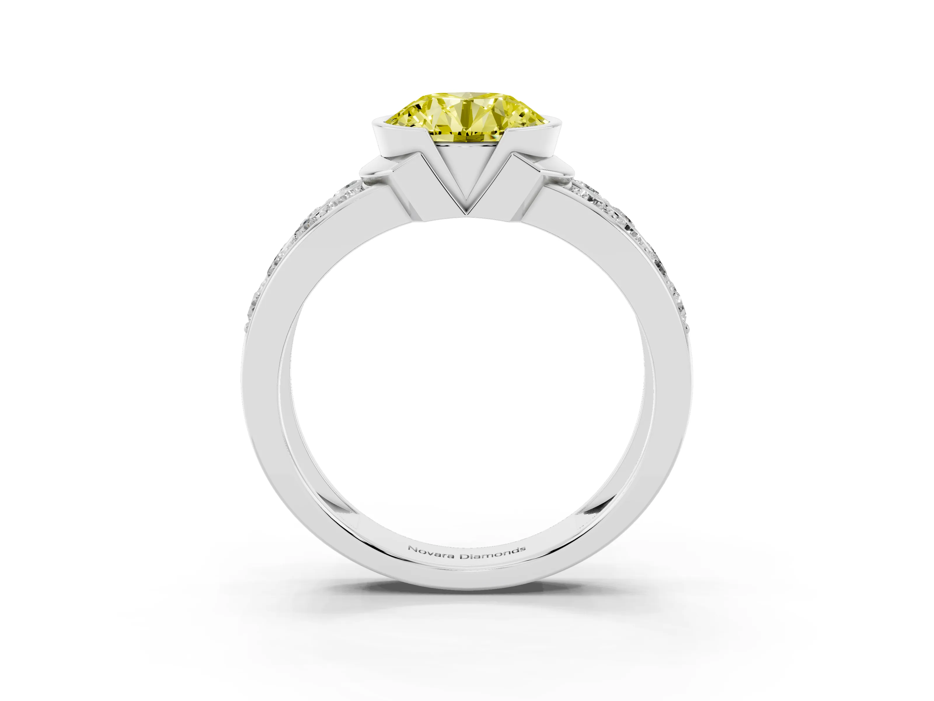 Fancy Yellow Round Cut Diamond Wide Channel Set Band Ring Set in Platinum with Bezel Setting