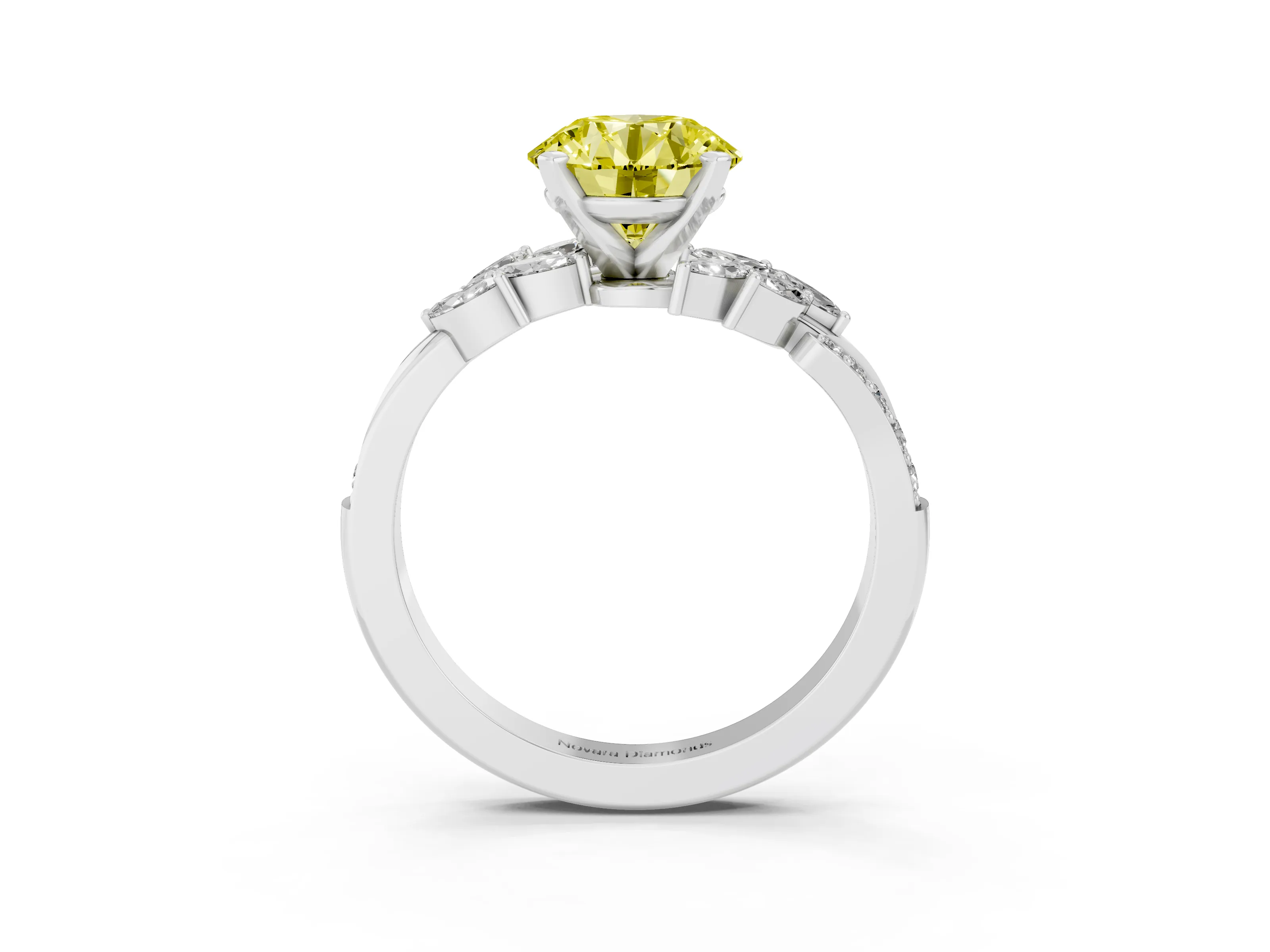 Fancy Yellow Round Cut Diamond Solitaire Ring Set in Silver with Marquise Twist Band and Prong Setting