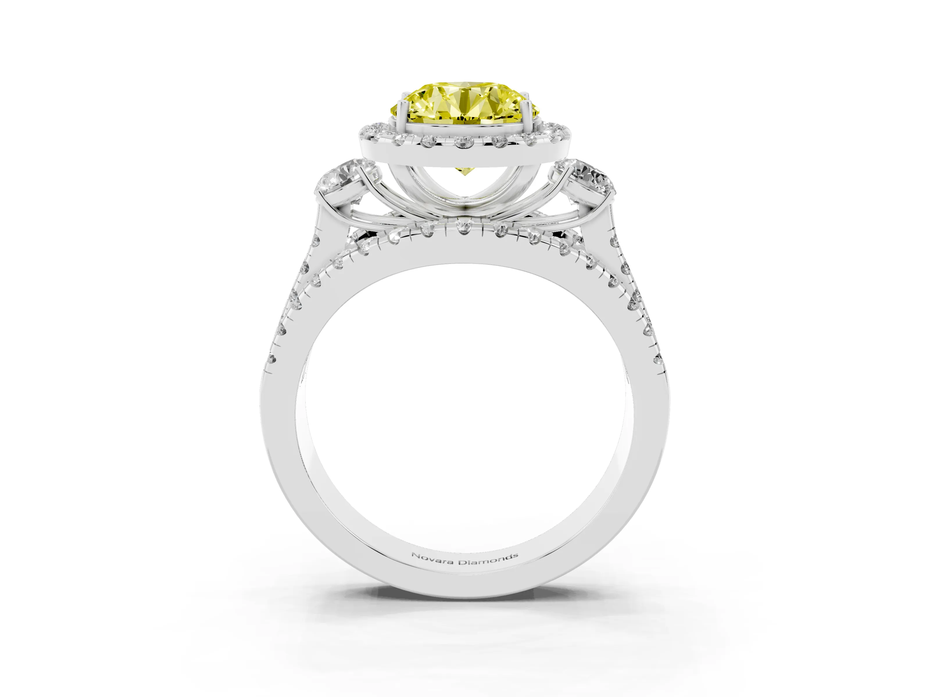 Fancy Yellow Round Cut Diamond Halo Split Shank Ring Set in White gold with Round Accent Stones and Prong Setting