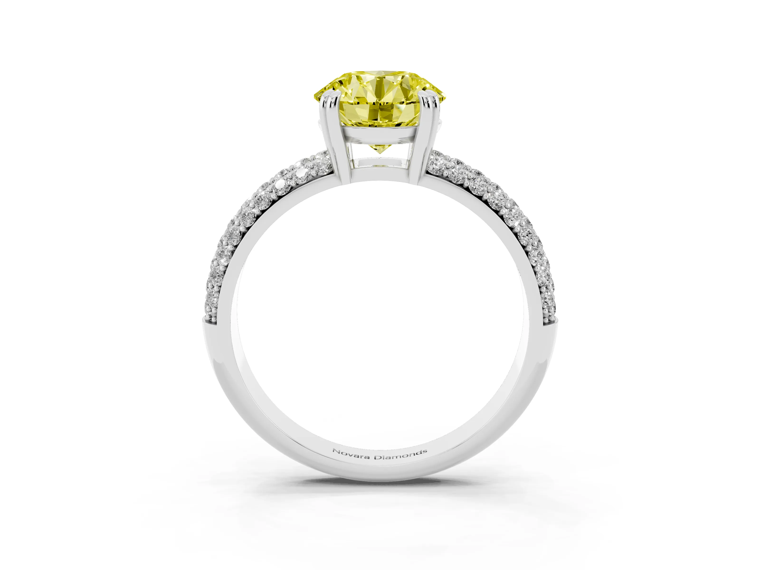 Fancy Yellow Round Cut Diamond Solitaire Ring Set in Platinum with Multi-Row Round Pavé Band and Prong Setting