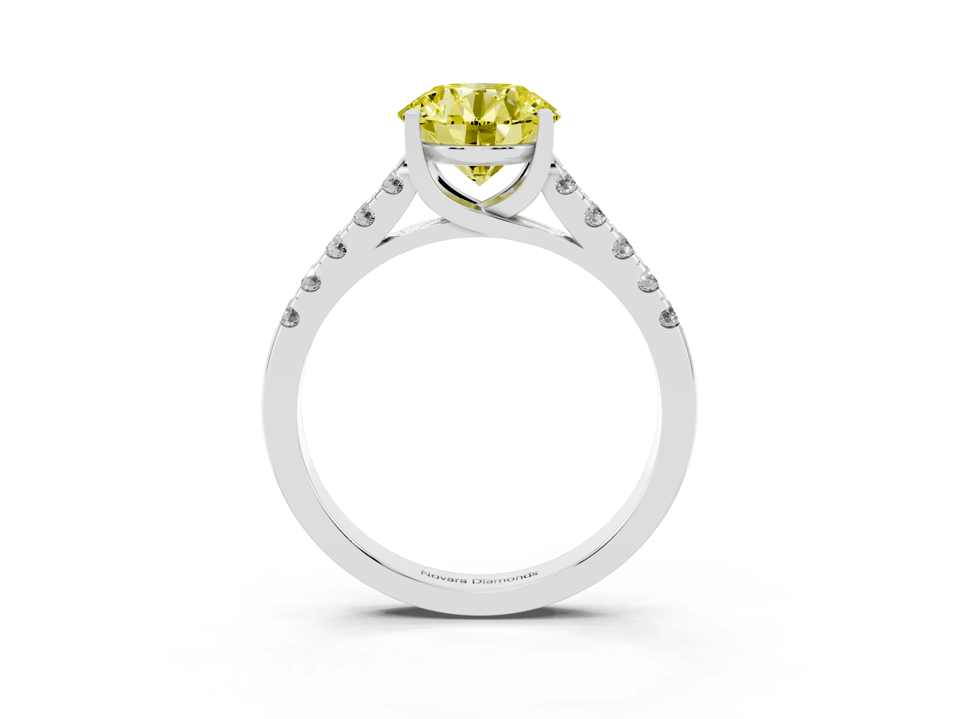 Fancy Yellow Round Cut Diamond Pavé Band Solitaire Ring Set in White gold with Partway Accent Stones and Prong Setting